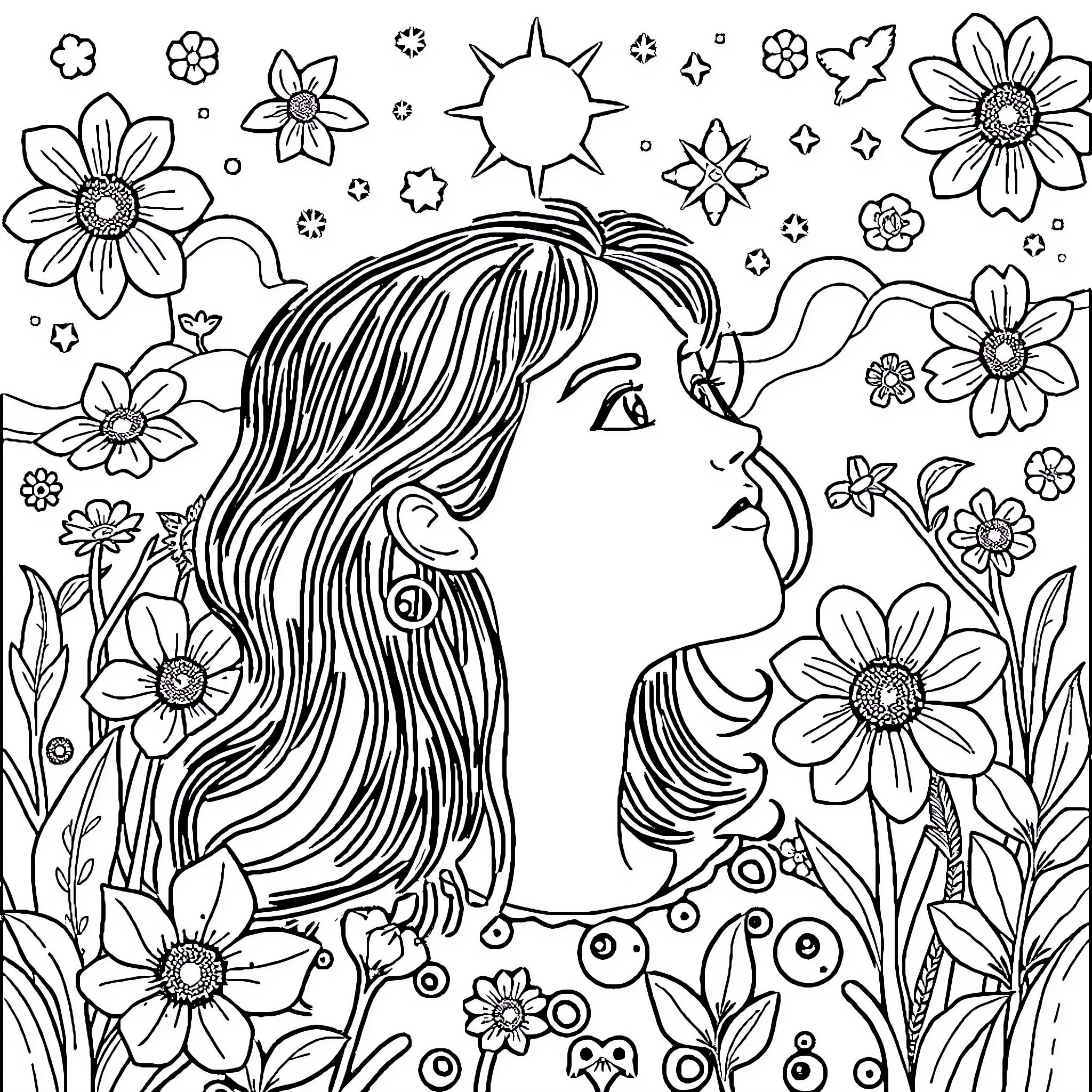 Me surrounded by vibrant floral wonderland Coloring Page (free black-and-white line drawing printable PDF for all, from beginners to advanced learners, including children, teens, adults, and seniors)