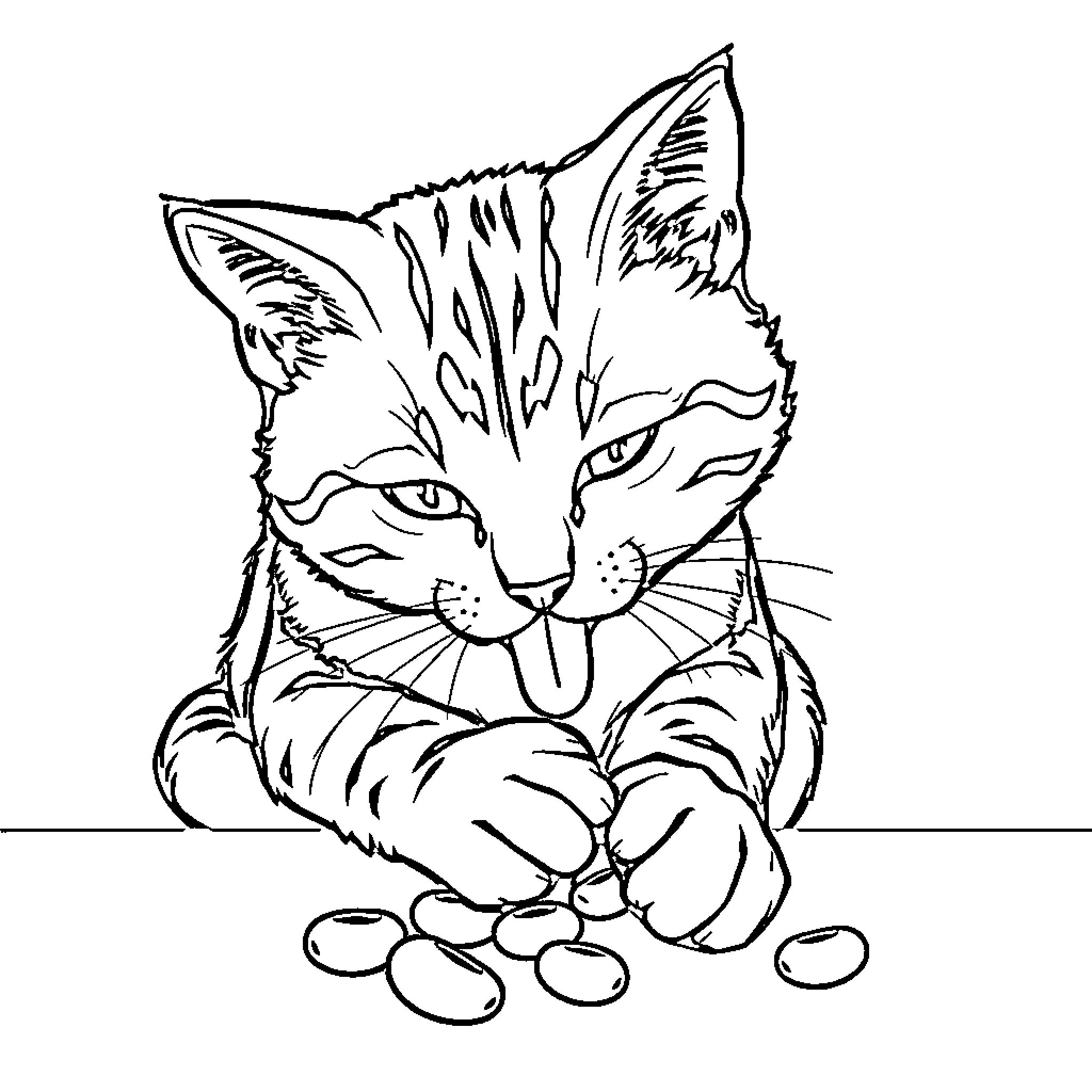 Cat playing with rocks Coloring Page (free black-and-white line drawing printable PDF for all, from beginners to advanced learners, including children, teens, adults, and seniors)