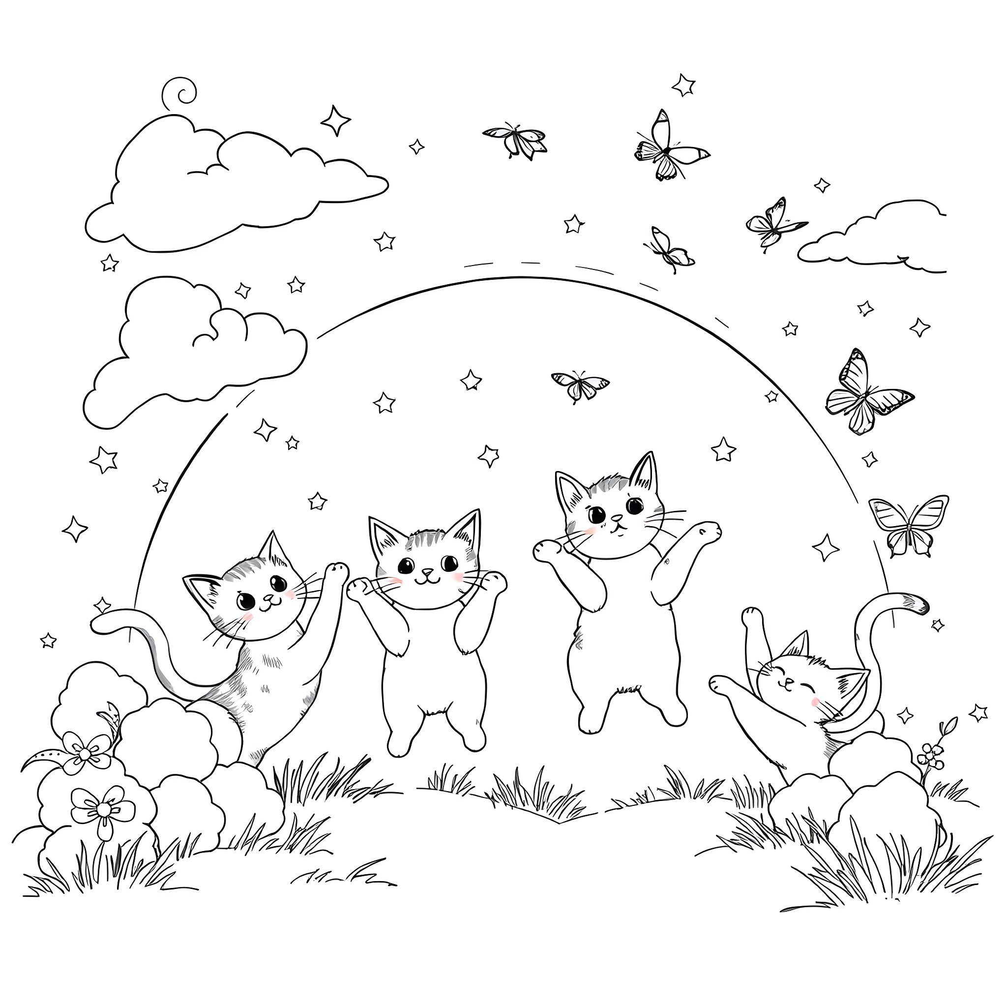 Cat playing joyfully with butterflies in whimsical meadow Coloring Page (free black-and-white line drawing printable PDF for all, from beginners to advanced learners, including children, teens, adults, and seniors)