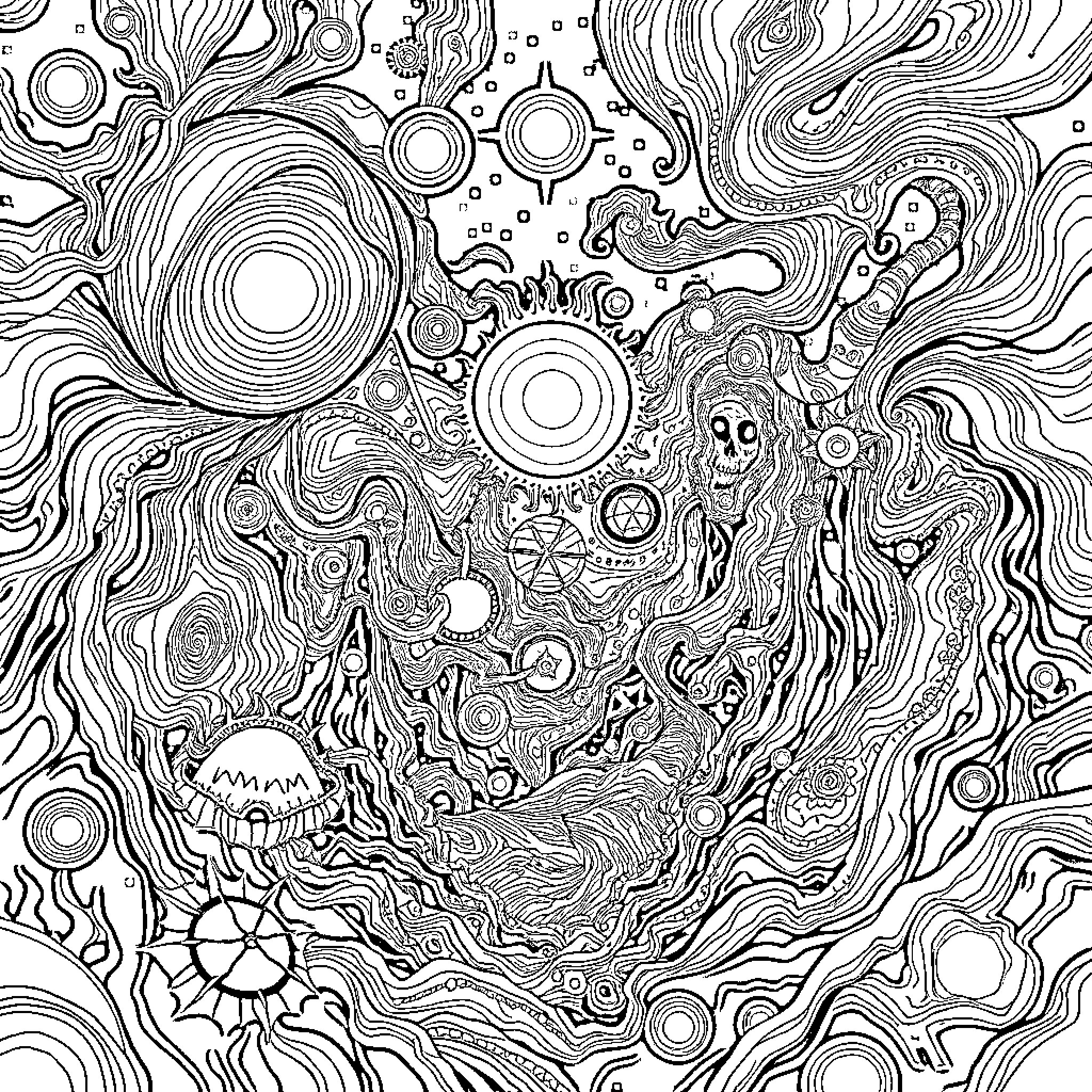 DMT Realm of Surreal Psychedelic Imagery Coloring Page (free black-and-white line drawing printable PDF for all, from beginners to advanced learners, including children, teens, adults, and seniors)