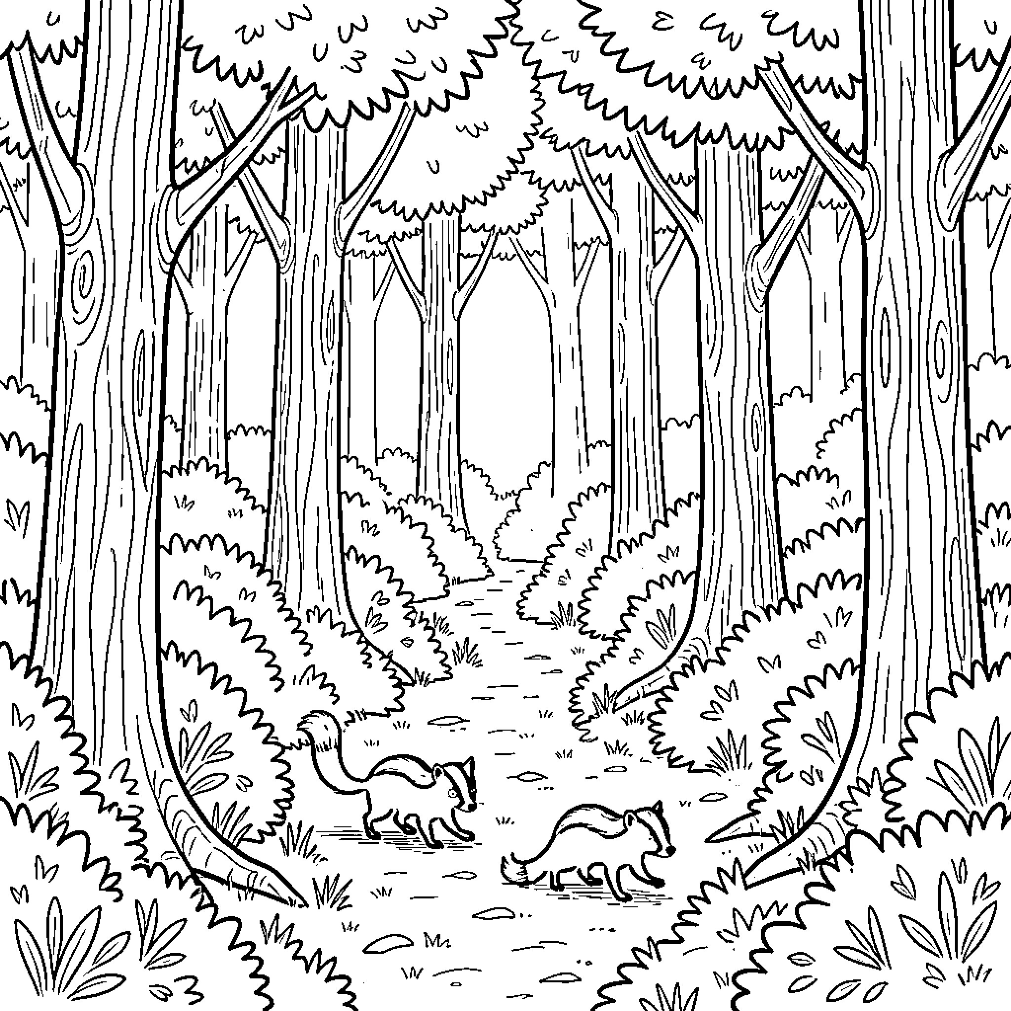 Skunk wandering through the dense forest Coloring Page (free black-and-white line drawing printable PDF for all, from beginners to advanced learners, including children, teens, adults, and seniors)