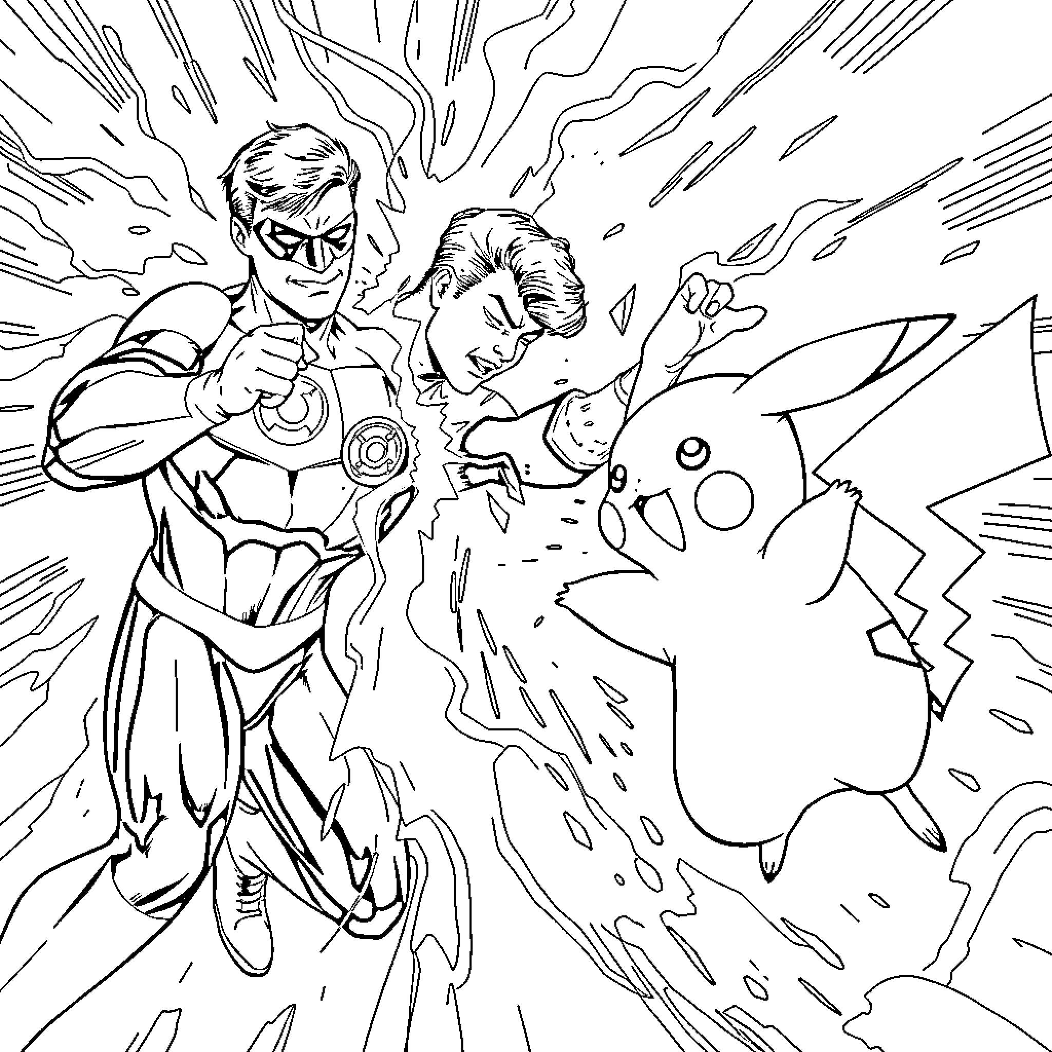 Green Lantern Superhero Confrontation with Pikachu Coloring Page (free black-and-white line drawing printable PDF for all, from beginners to advanced learners, including children, teens, adults, and seniors)