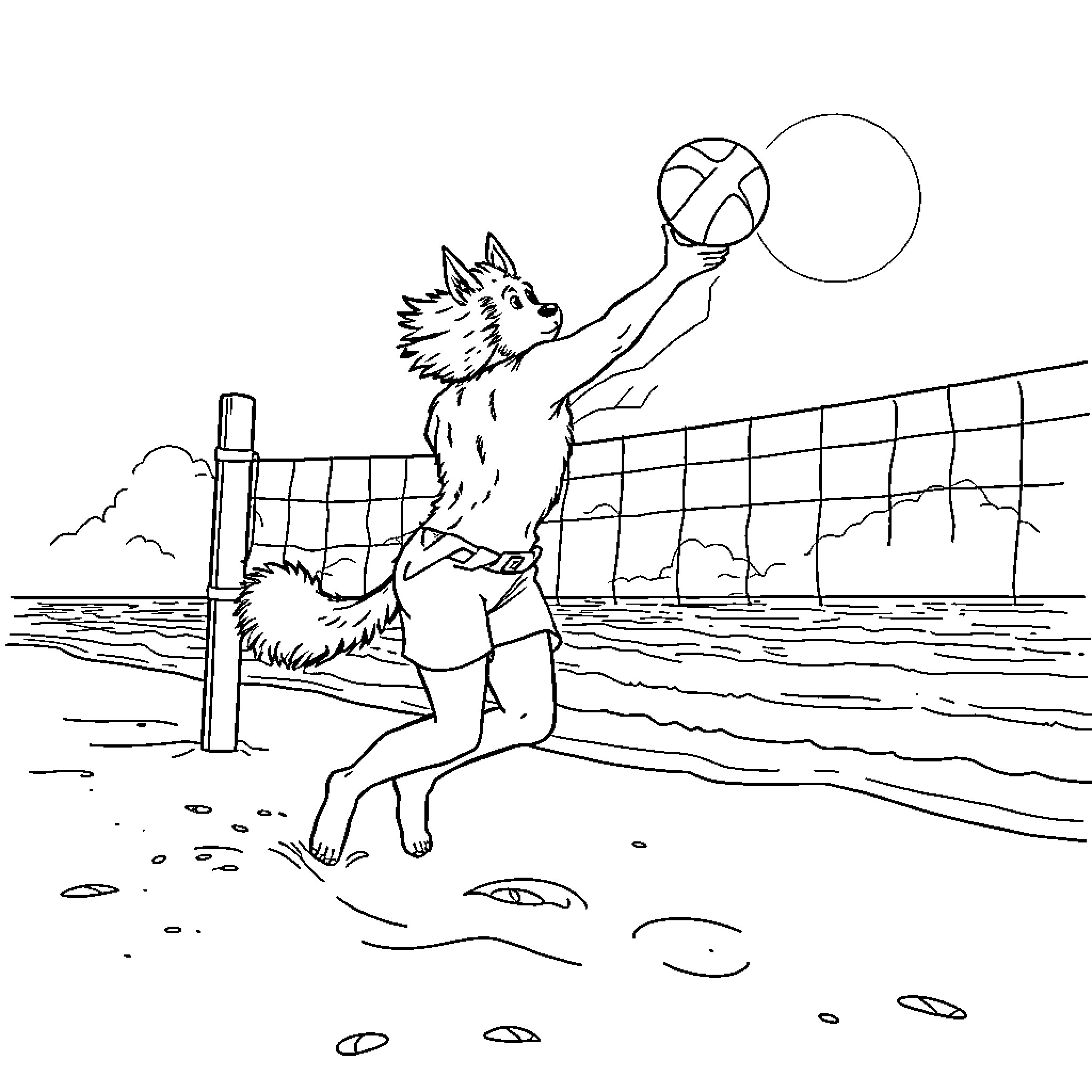 Huntrix playing beach volleyball with enthusiasm Coloring Page (free black-and-white line drawing printable PDF for all, from beginners to advanced learners, including children, teens, adults, and seniors)