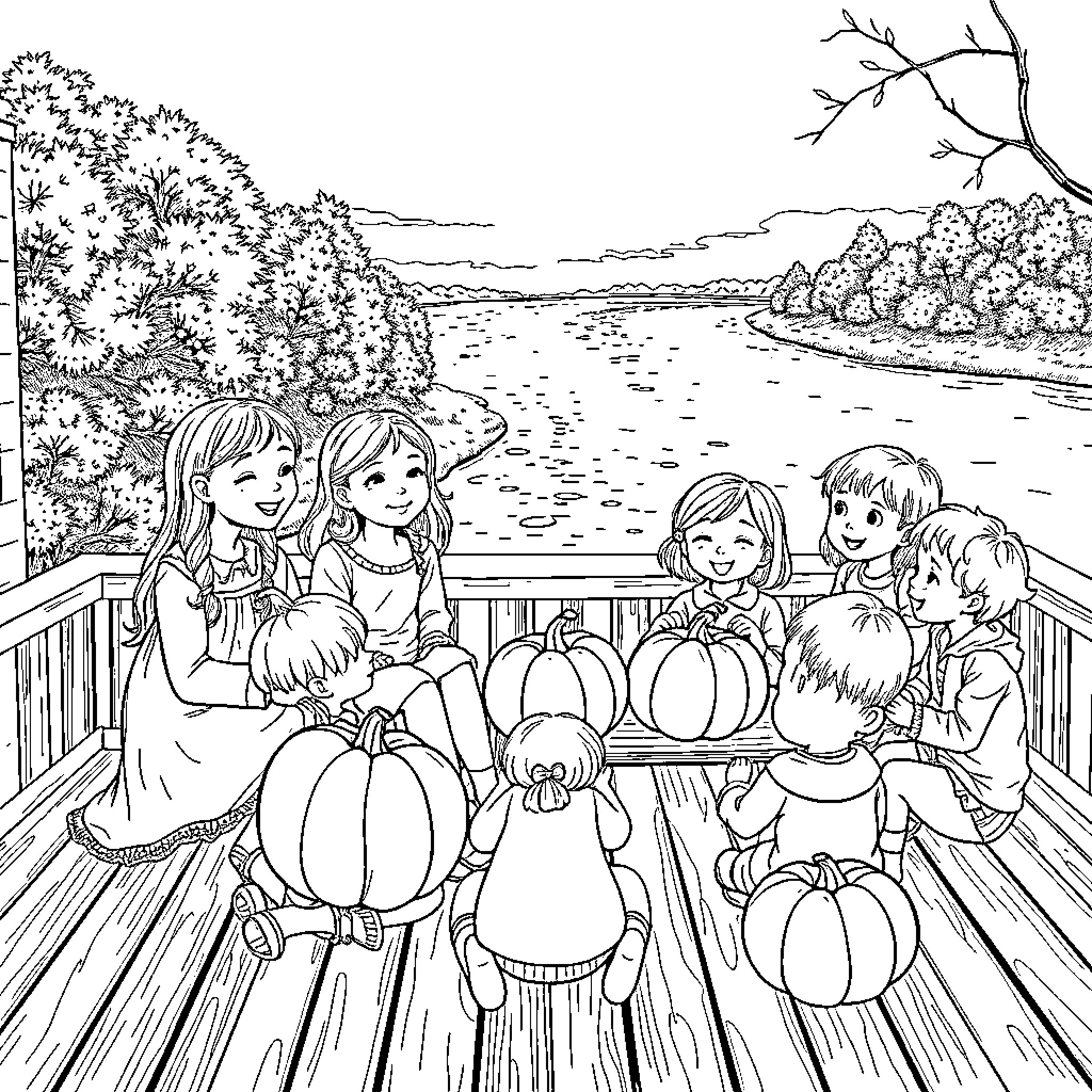 Children enjoying autumn scenery by the lake Coloring Page (free black-and-white line drawing printable PDF for all, from beginners to advanced learners, including children, teens, adults, and seniors)