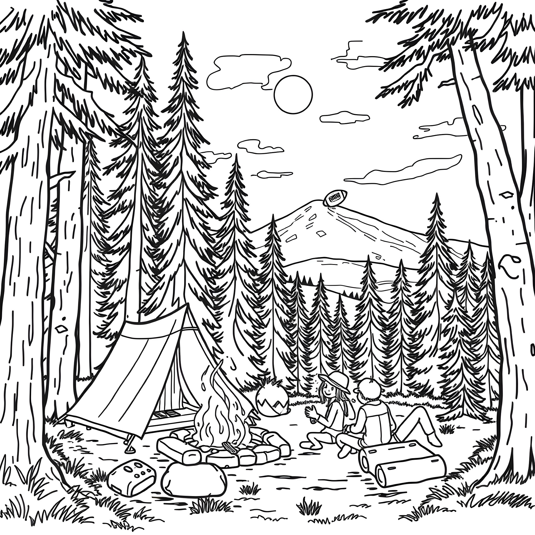 Football players camping in the forest Coloring Page (free black-and-white line drawing printable PDF for all, from beginners to advanced learners, including children, teens, adults, and seniors)
