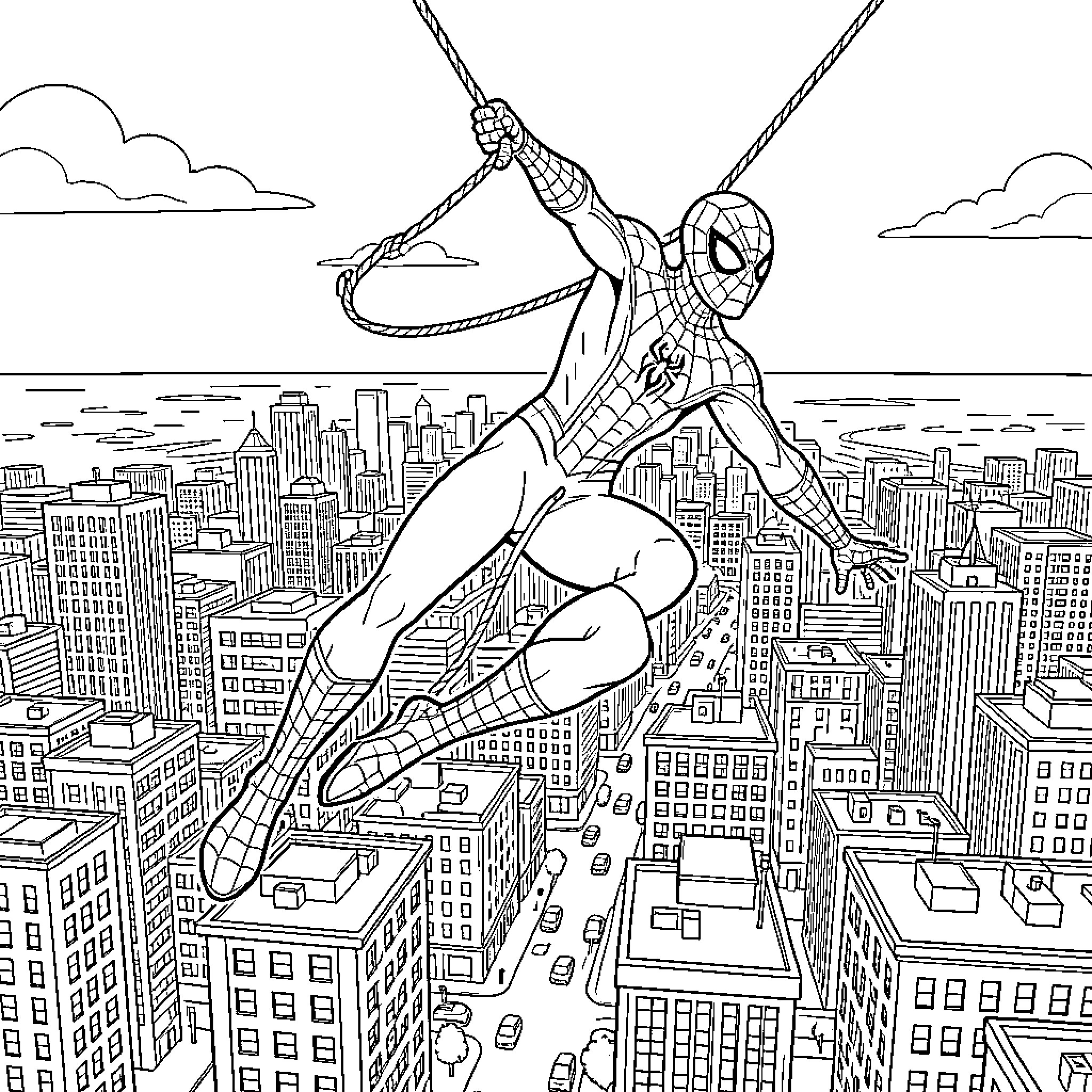 Spiderman swinging through a busy cityscape Coloring Page (free black-and-white line drawing printable PDF for all, from beginners to advanced learners, including children, teens, adults, and seniors)