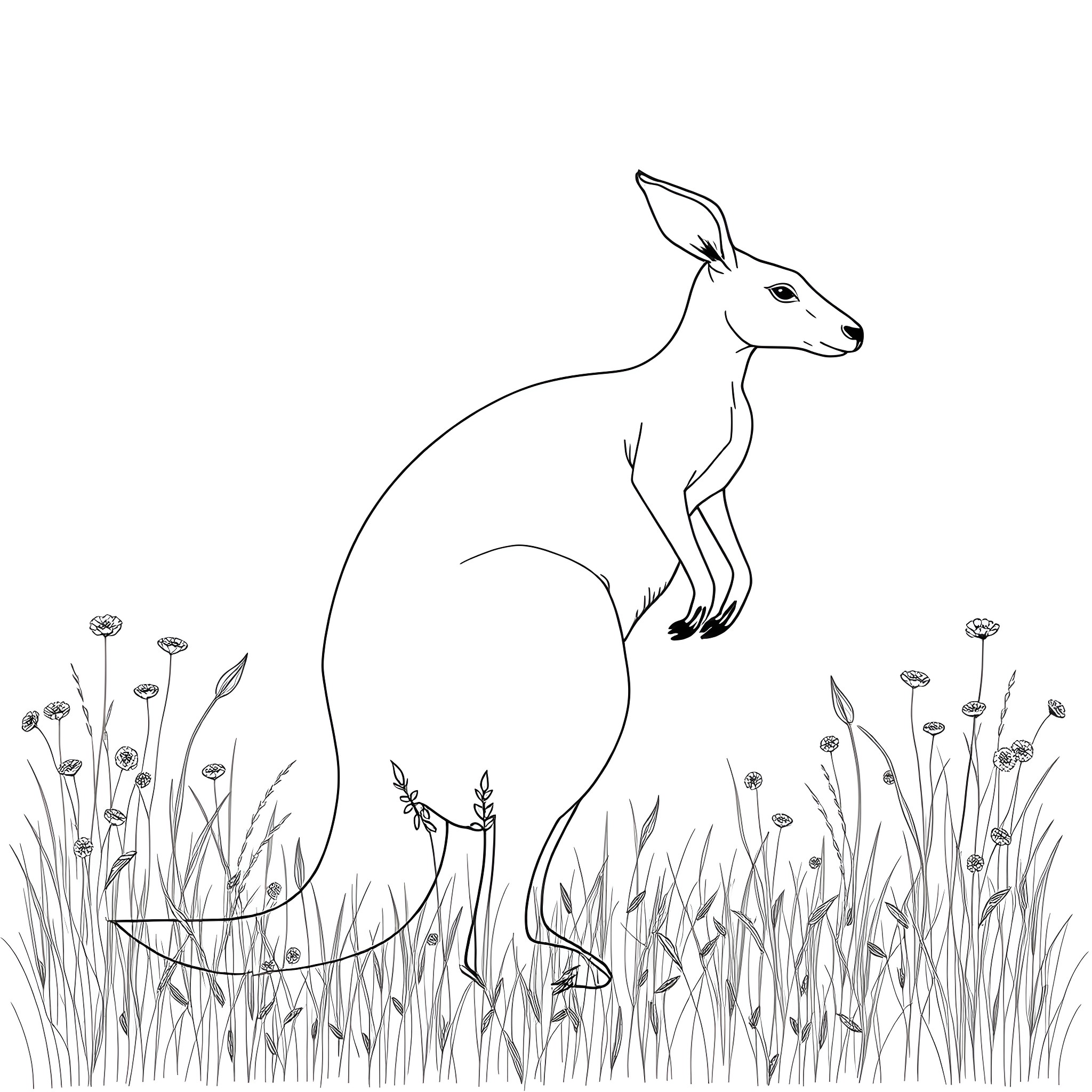 Kangaroo hopping in a meadow Coloring Page (free black-and-white line drawing printable PDF for all, from beginners to advanced learners, including children, teens, adults, and seniors)