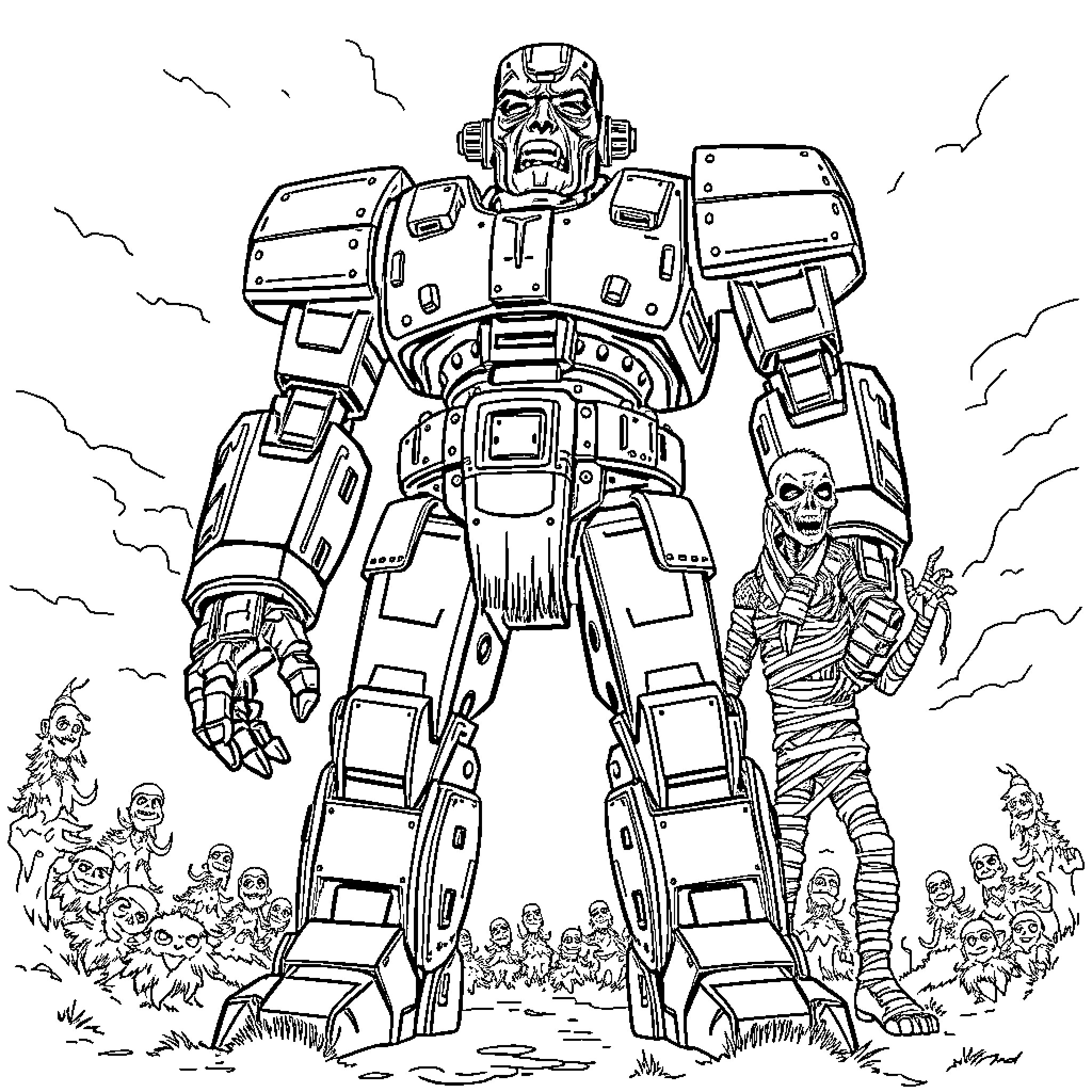 Robot warrior in battle stance with skeletal figure Coloring Page (free black-and-white line drawing printable PDF for all, from beginners to advanced learners, including children, teens, adults, and seniors)