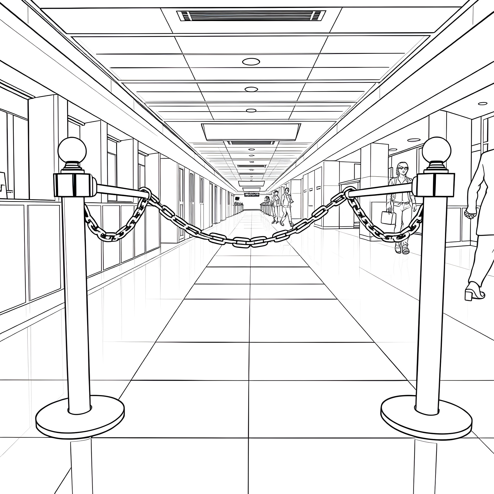 Stanchion-lined corridor with suspended barriers Coloring Page (free black-and-white line drawing printable PDF for all, from beginners to advanced learners, including children, teens, adults, and seniors)
