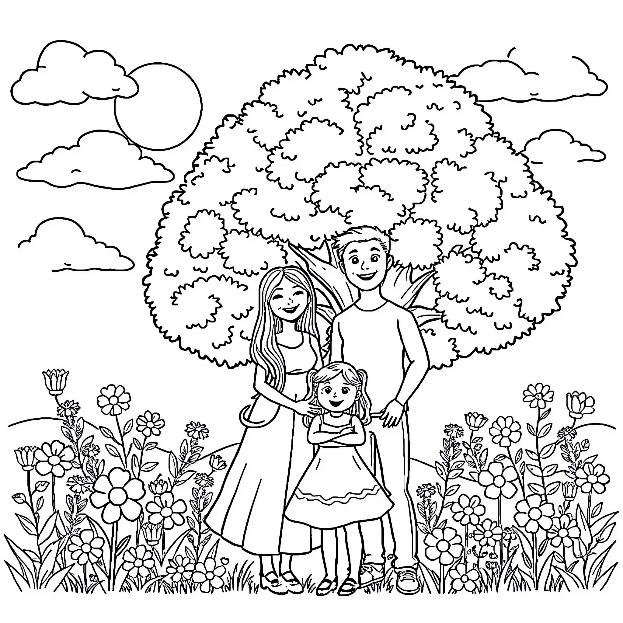 Family Enjoying Nature's Beauty Together Coloring Page (free black-and-white line drawing printable PDF for all, from beginners to advanced learners, including children, teens, adults, and seniors)