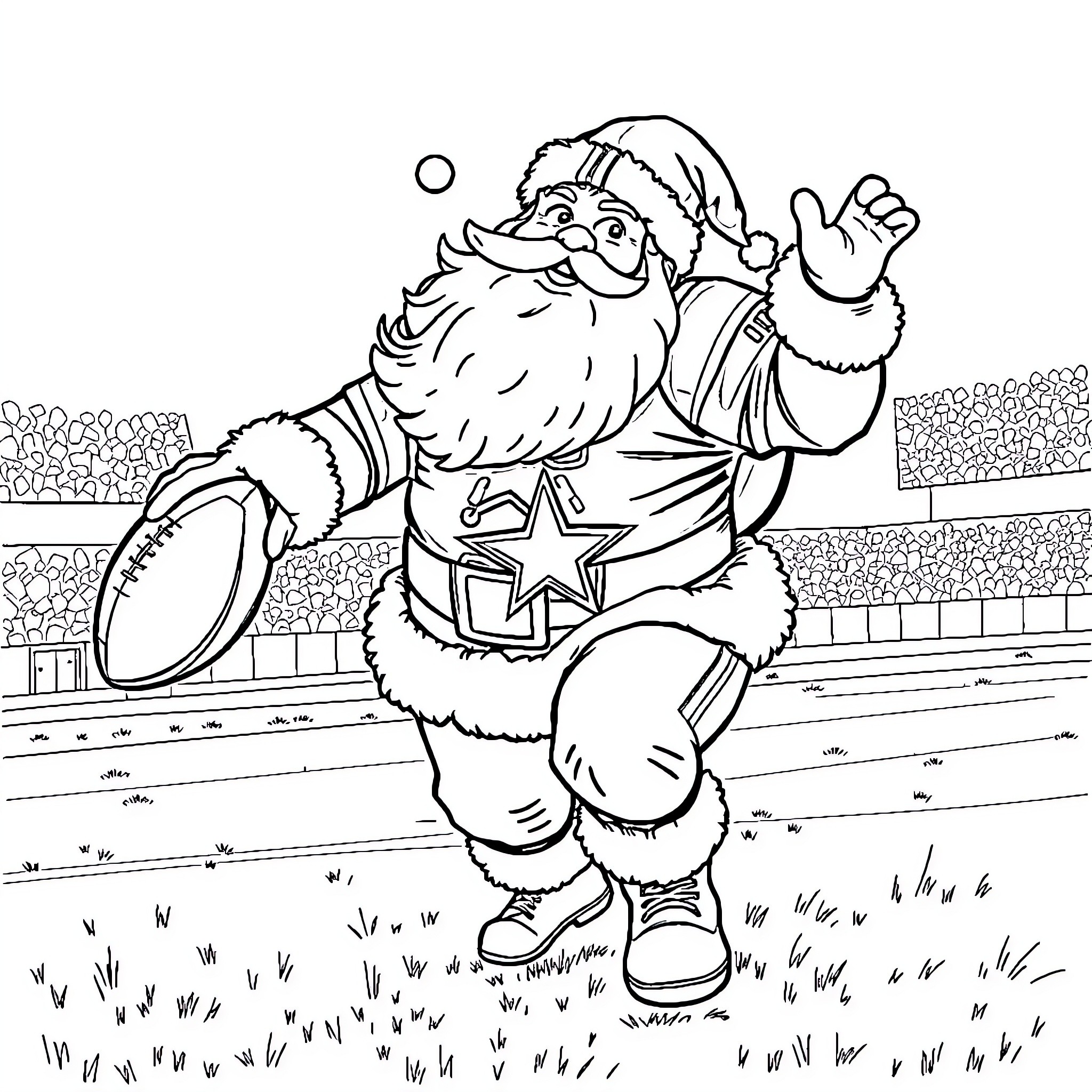 Santa Claus playing football on the field Coloring Page (free black-and-white line drawing printable PDF for all, from beginners to advanced learners, including children, teens, adults, and seniors)