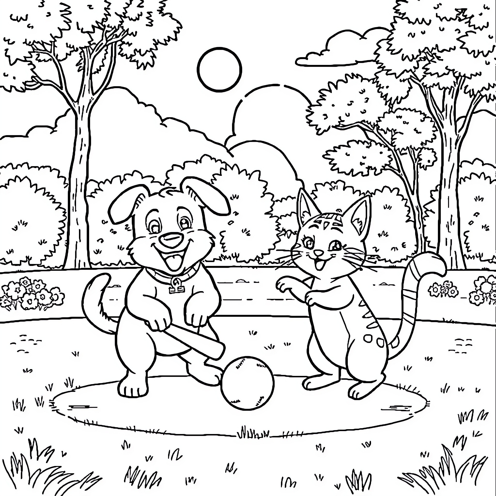 Dog and cat playing together in the park Coloring Page (free black-and-white line drawing printable PDF for all, from beginners to advanced learners, including children, teens, adults, and seniors)