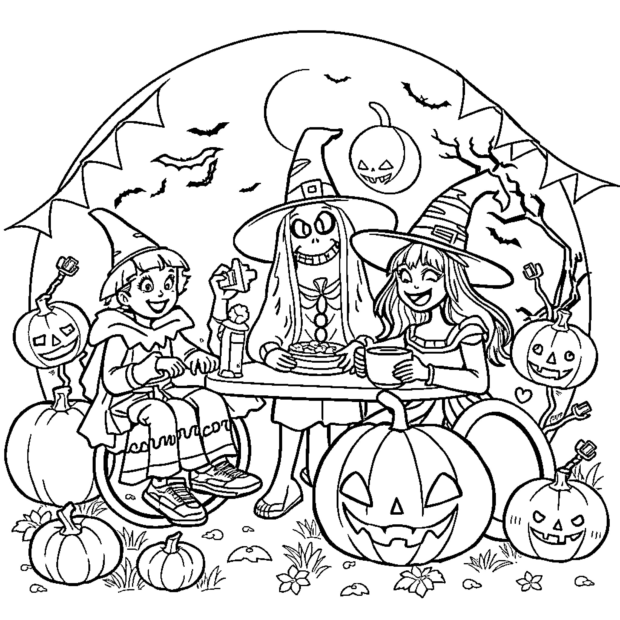 Halloween Celebration with Friends and Pumpkins Coloring Page (free black-and-white line drawing printable PDF for all, from beginners to advanced learners, including children, teens, adults, and seniors)