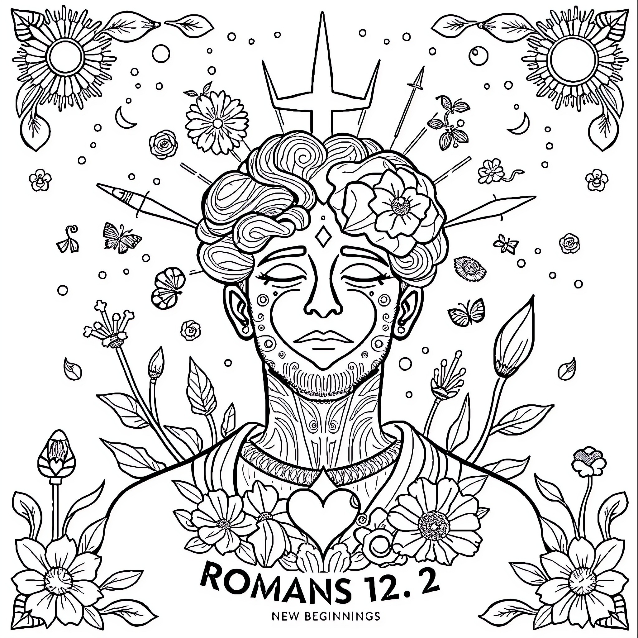 Romans 12:2 - Transformation of the Mind Coloring Page (free black-and-white line drawing printable PDF for all, from beginners to advanced learners, including children, teens, adults, and seniors)