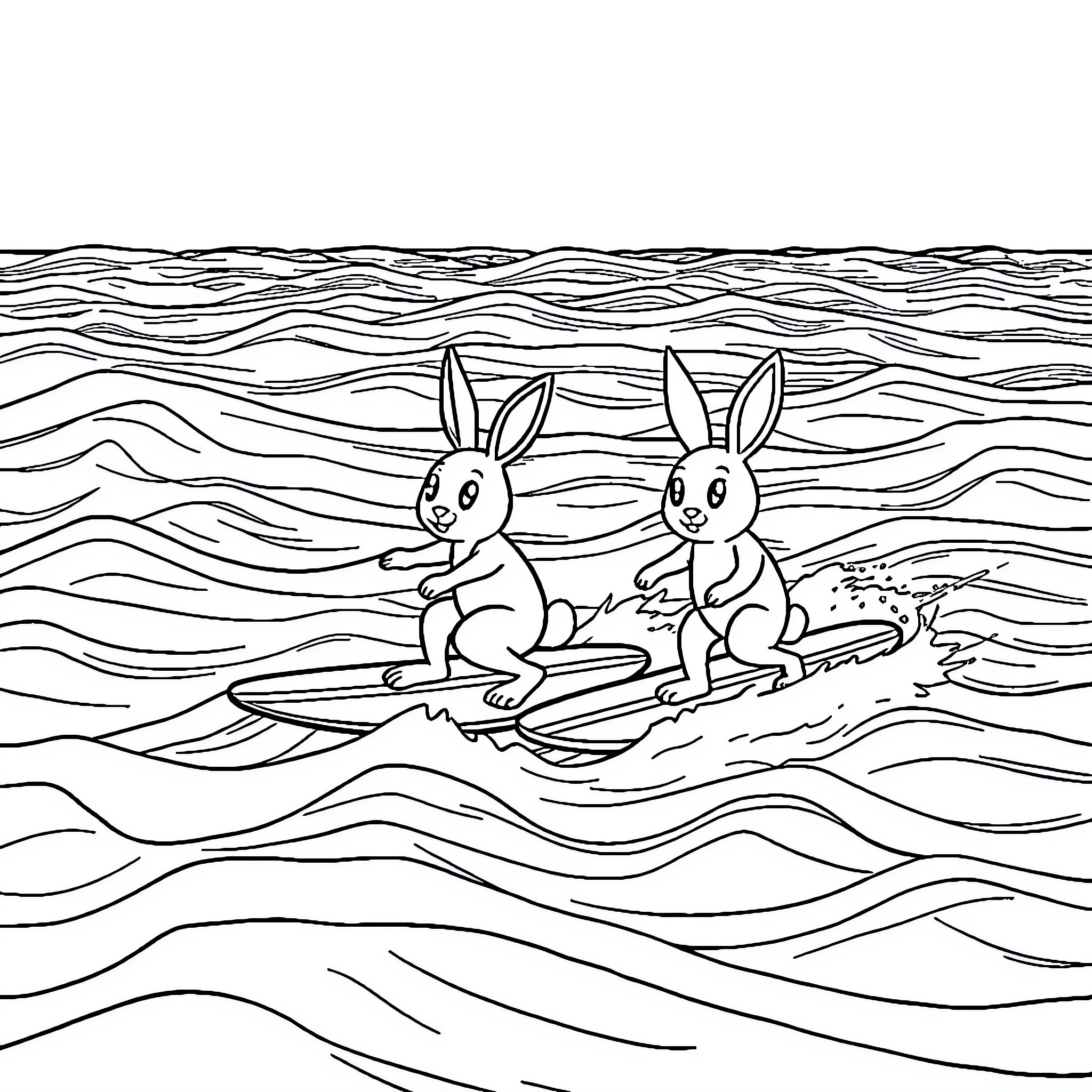 Bunnies surfing happily on ocean waves Coloring Page (free black-and-white line drawing printable PDF for all, from beginners to advanced learners, including children, teens, adults, and seniors)