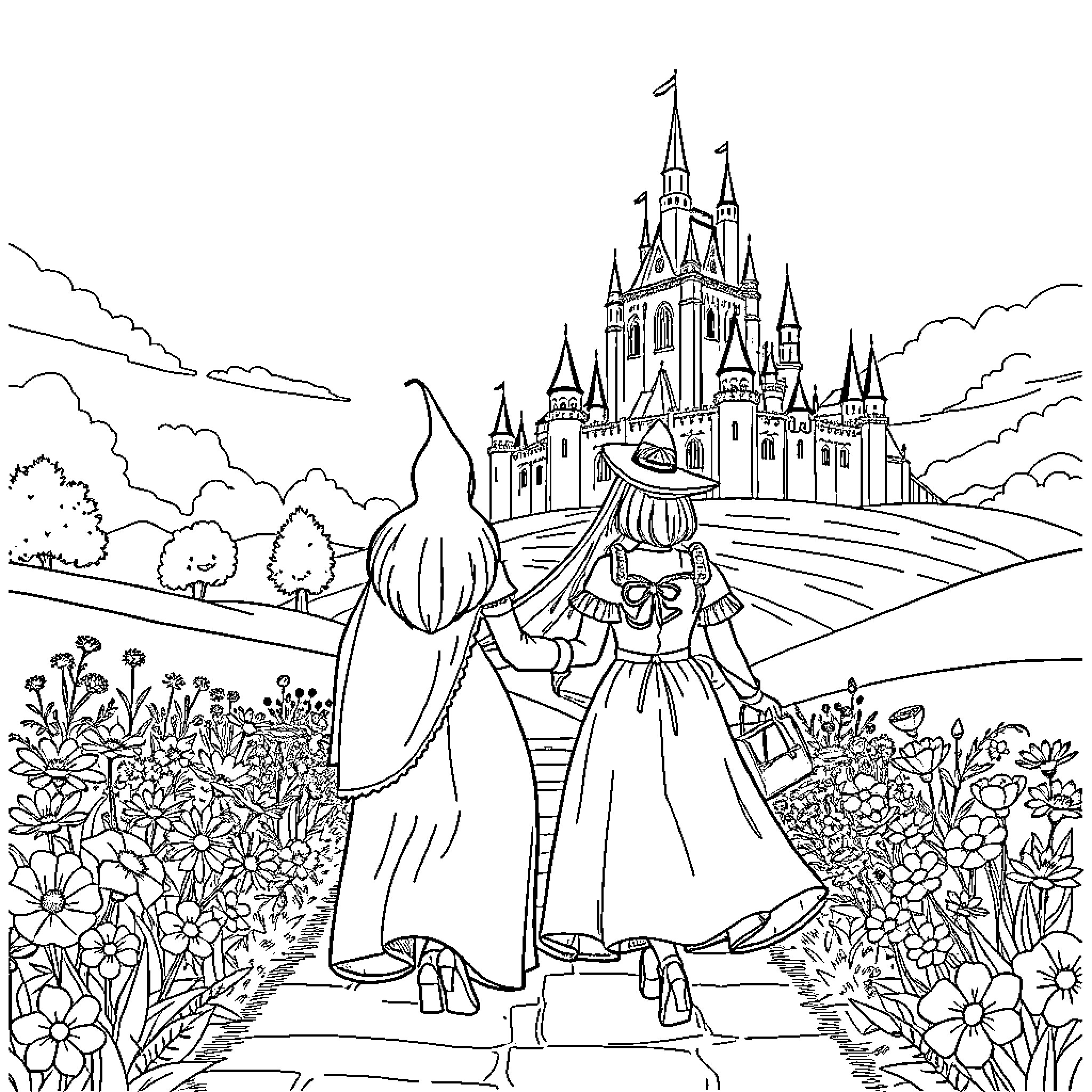 Glinda's enchanting stroll through the castle gardens Coloring Page (free black-and-white line drawing printable PDF for all, from beginners to advanced learners, including children, teens, adults, and seniors)