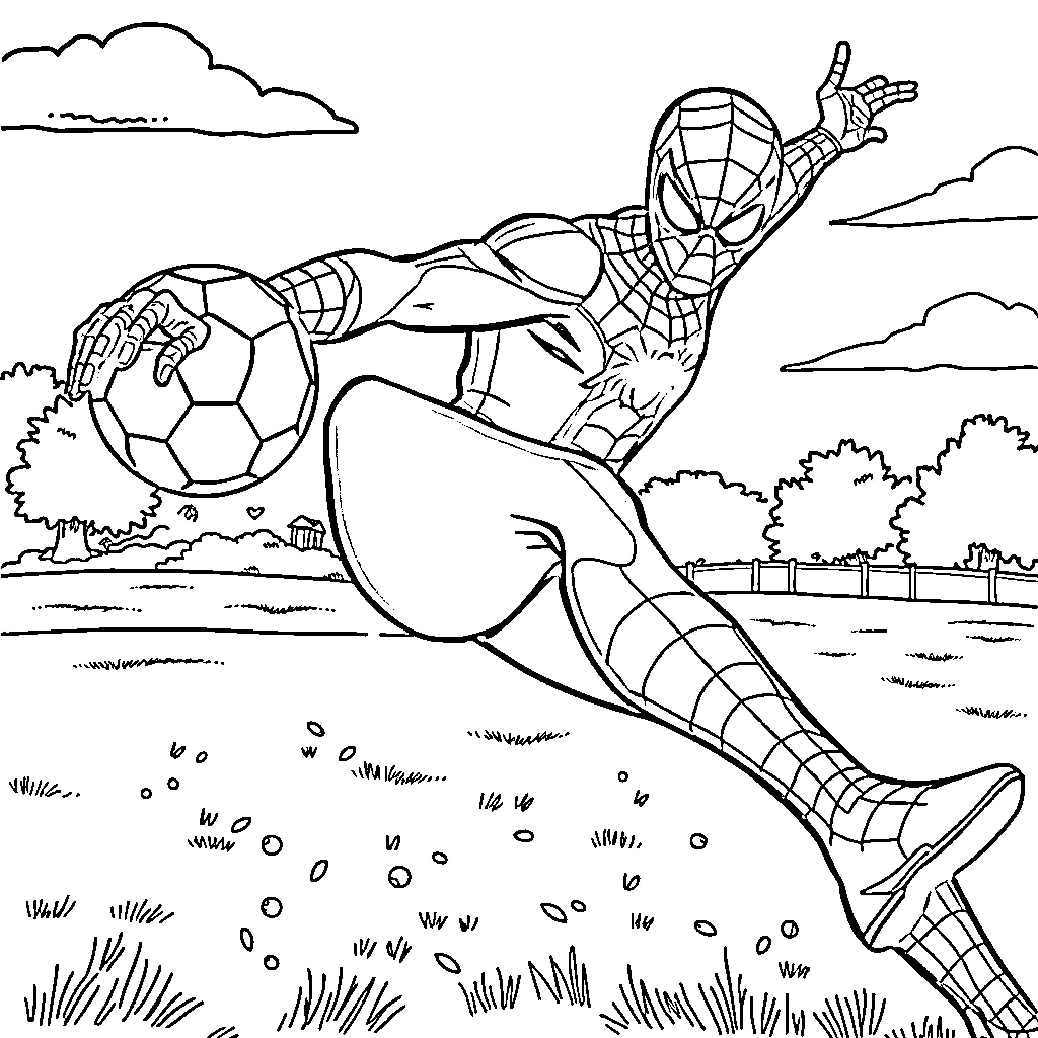 Spiderman playing with a soccer ball in the park Coloring Page (free black-and-white line drawing printable PDF for all, from beginners to advanced learners, including children, teens, adults, and seniors)