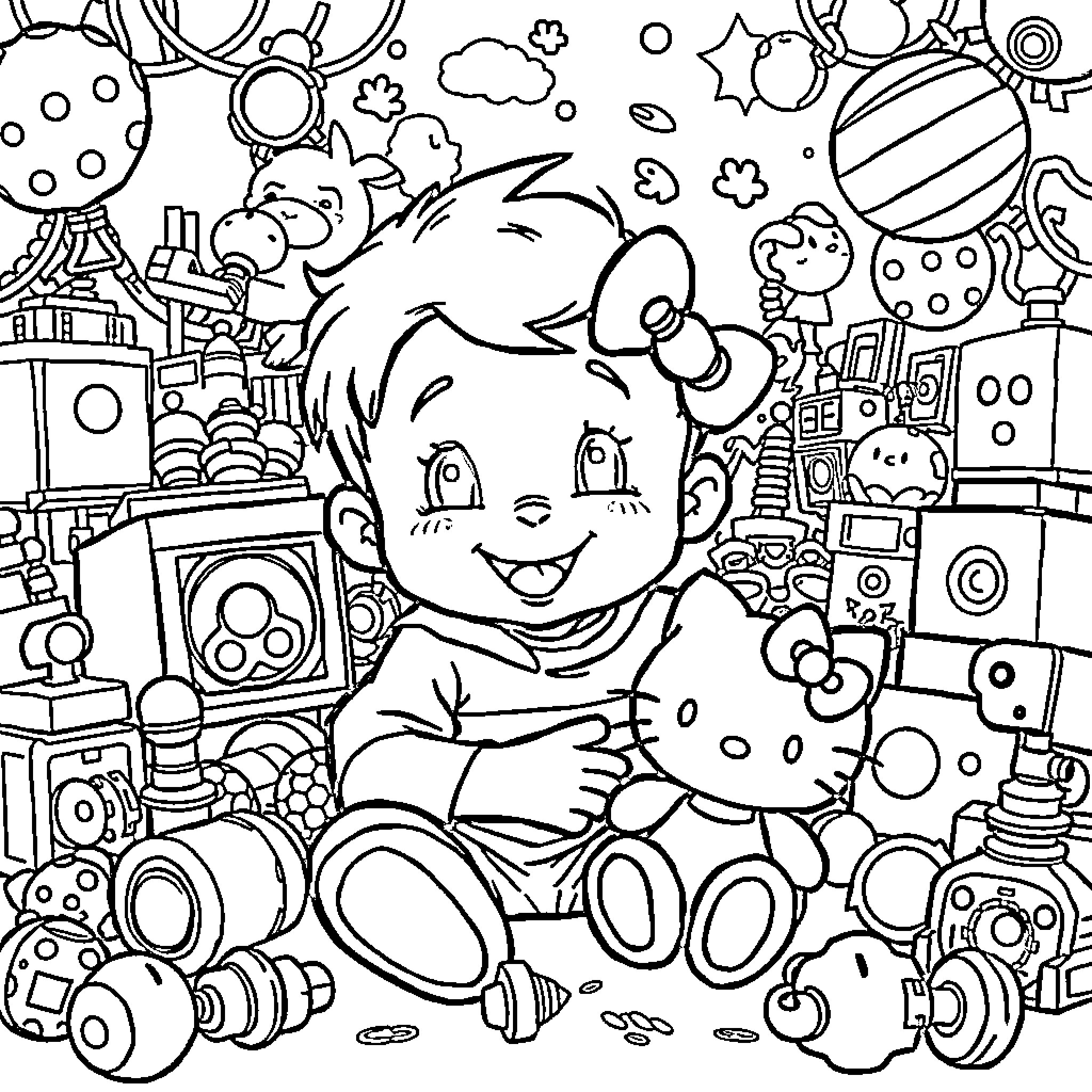 Dandy Girl in Whimsical Wonderland Coloring Page (free black-and-white line drawing printable PDF for all, from beginners to advanced learners, including children, teens, adults, and seniors)