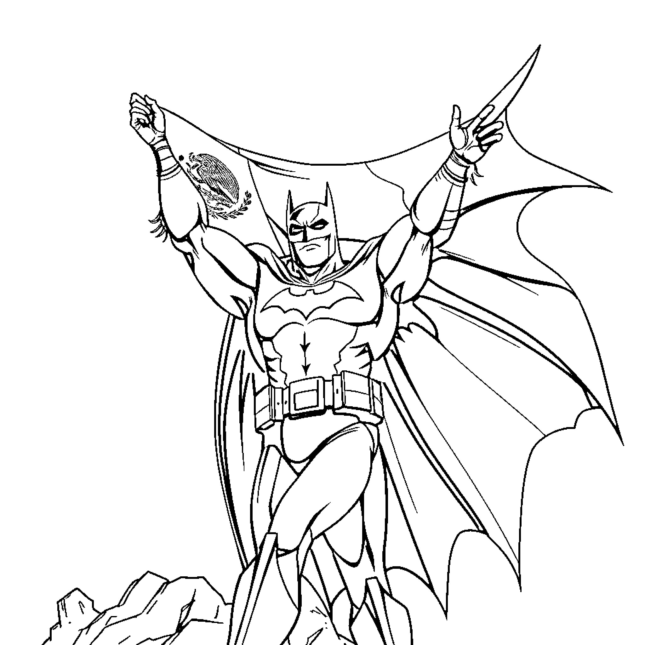 Batman in heroic action pose Coloring Page (free black-and-white line drawing printable PDF for all, from beginners to advanced learners, including children, teens, adults, and seniors)