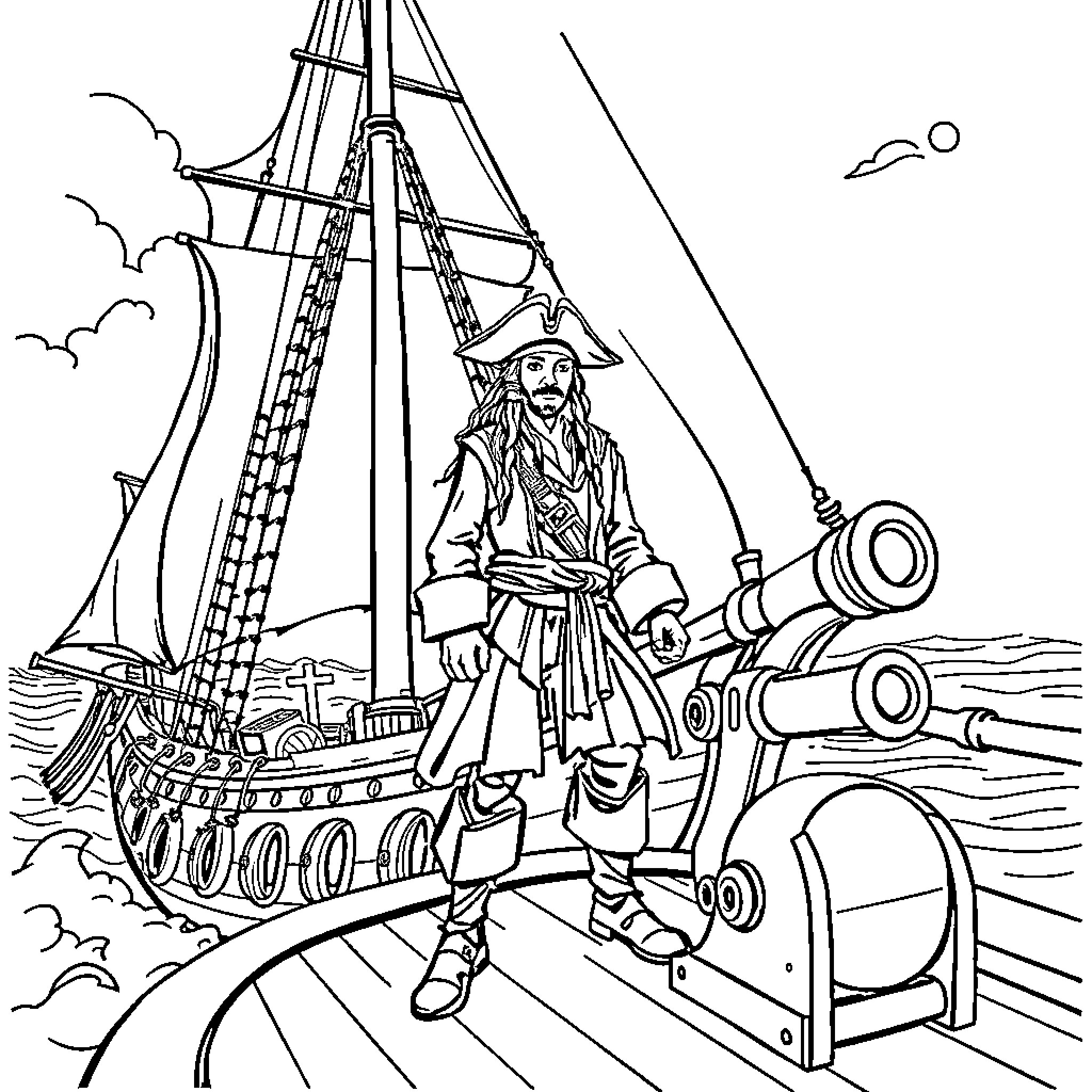 Jack Sparrow commanding his pirate ship on the high seas Coloring Page (free black-and-white line drawing printable PDF for all, from beginners to advanced learners, including children, teens, adults, and seniors)