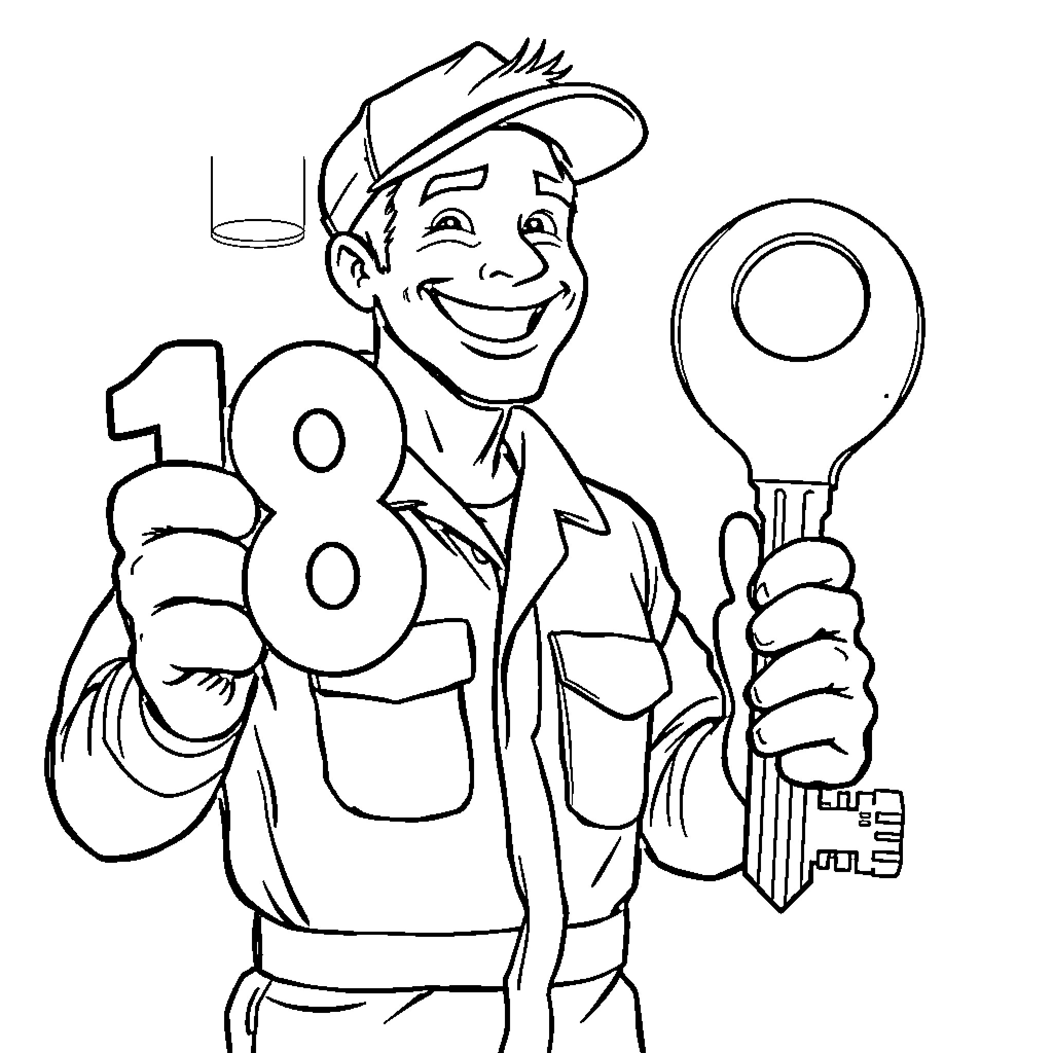 Mechanic proudly displaying his work Coloring Page (free black-and-white line drawing printable PDF for all, from beginners to advanced learners, including children, teens, adults, and seniors)