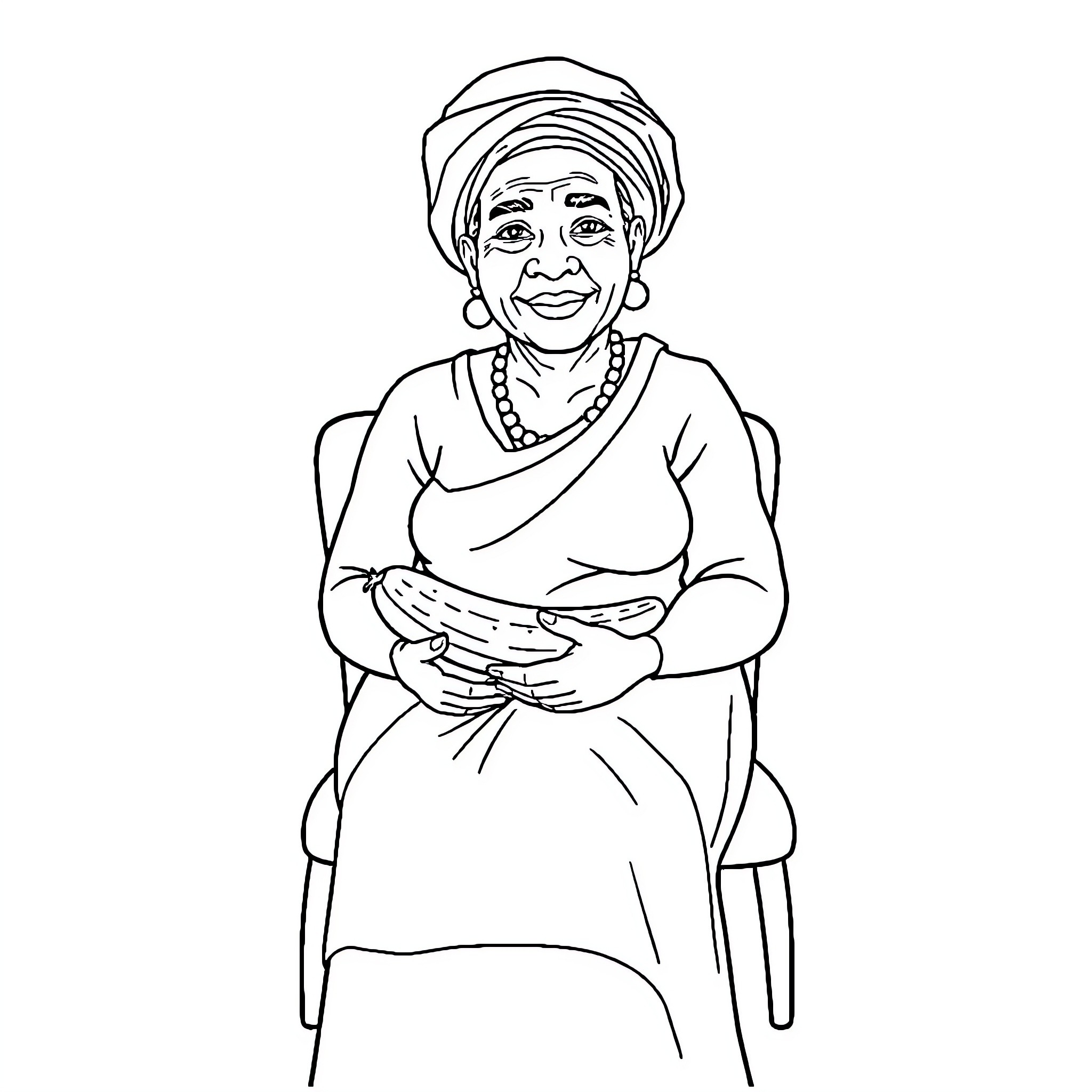 Grandmother in traditional clothing smiling happily Coloring Page (free black-and-white line drawing printable PDF for all, from beginners to advanced learners, including children, teens, adults, and seniors)
