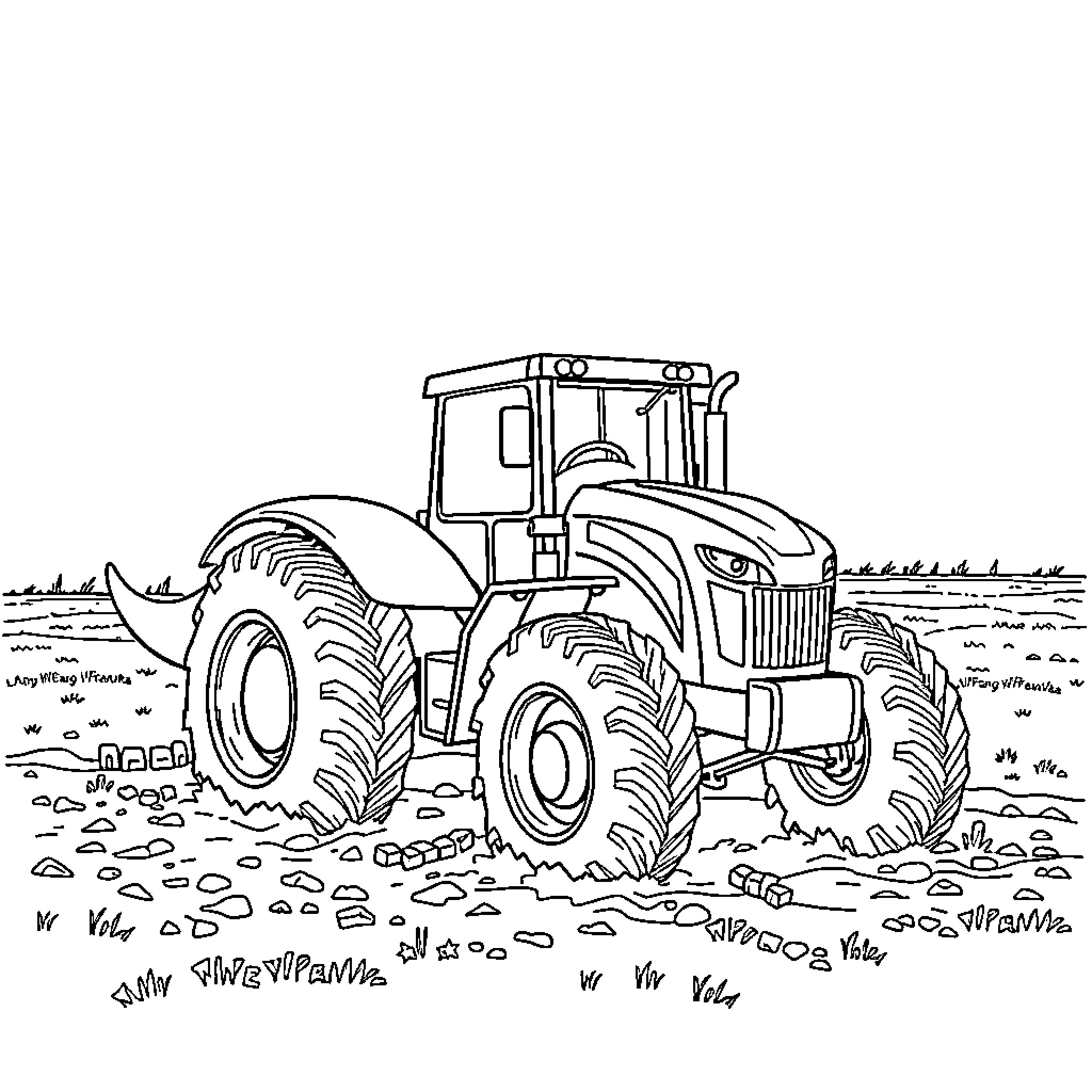 Dinosaur tractor plowing through the countryside Coloring Page (free black-and-white line drawing printable PDF for all, from beginners to advanced learners, including children, teens, adults, and seniors)