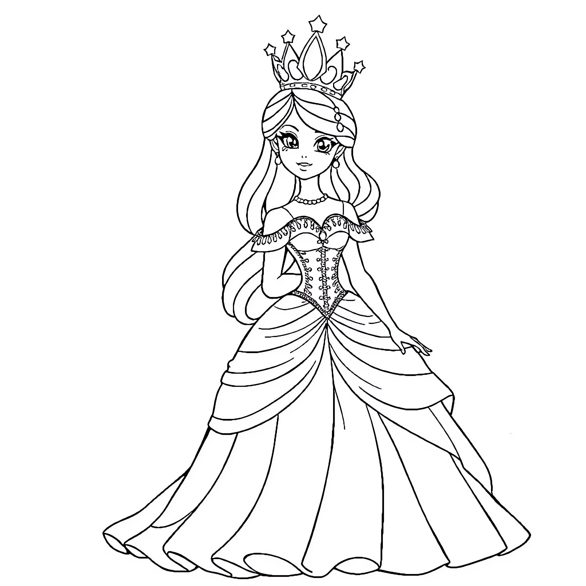 Princess in elegant ball gown and crown Coloring Page (free black-and-white line drawing printable PDF for all, from beginners to advanced learners, including children, teens, adults, and seniors)