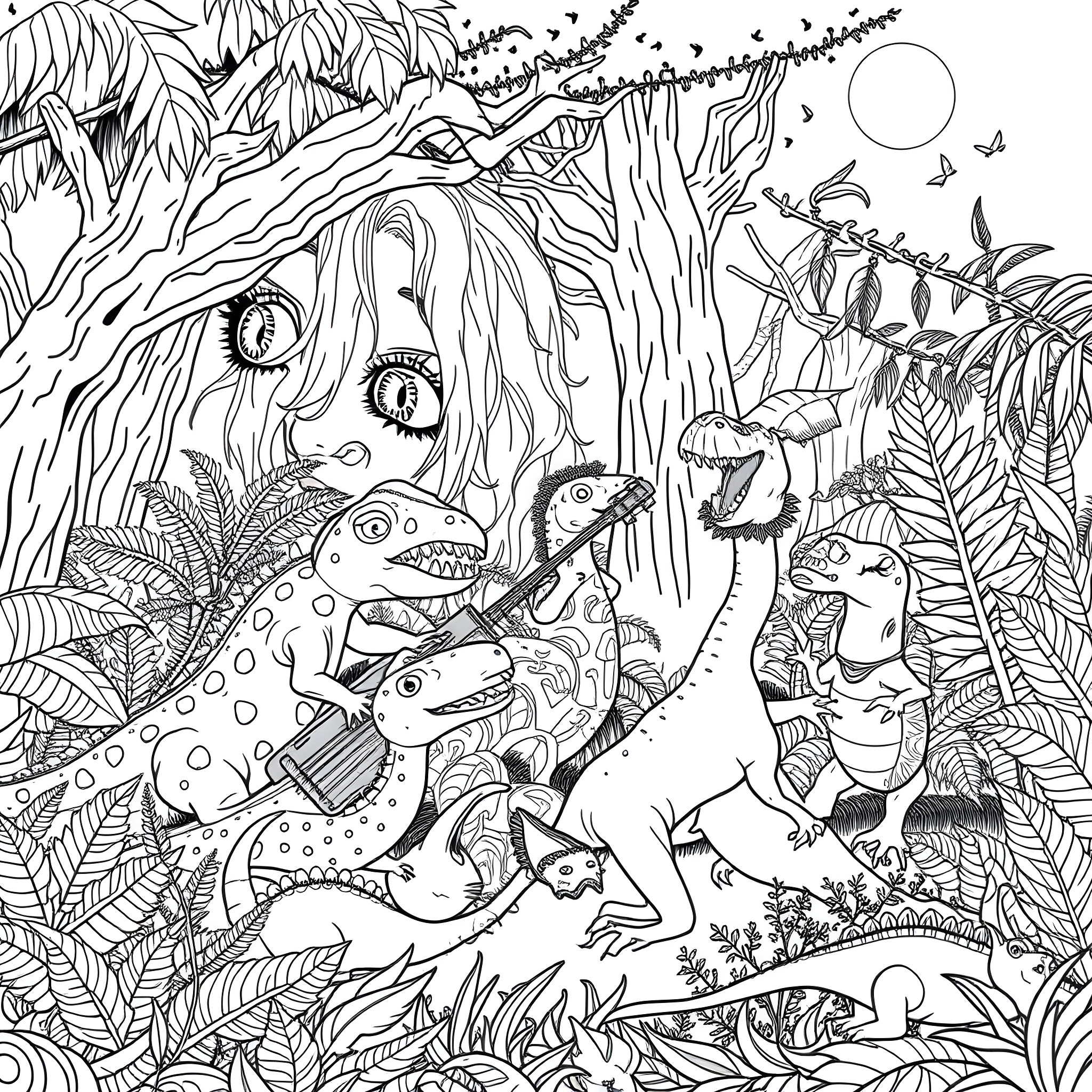 Lizard Creatures Exploring Lush Jungle Landscape Coloring Page (free black-and-white line drawing printable PDF for all, from beginners to advanced learners, including children, teens, adults, and seniors)