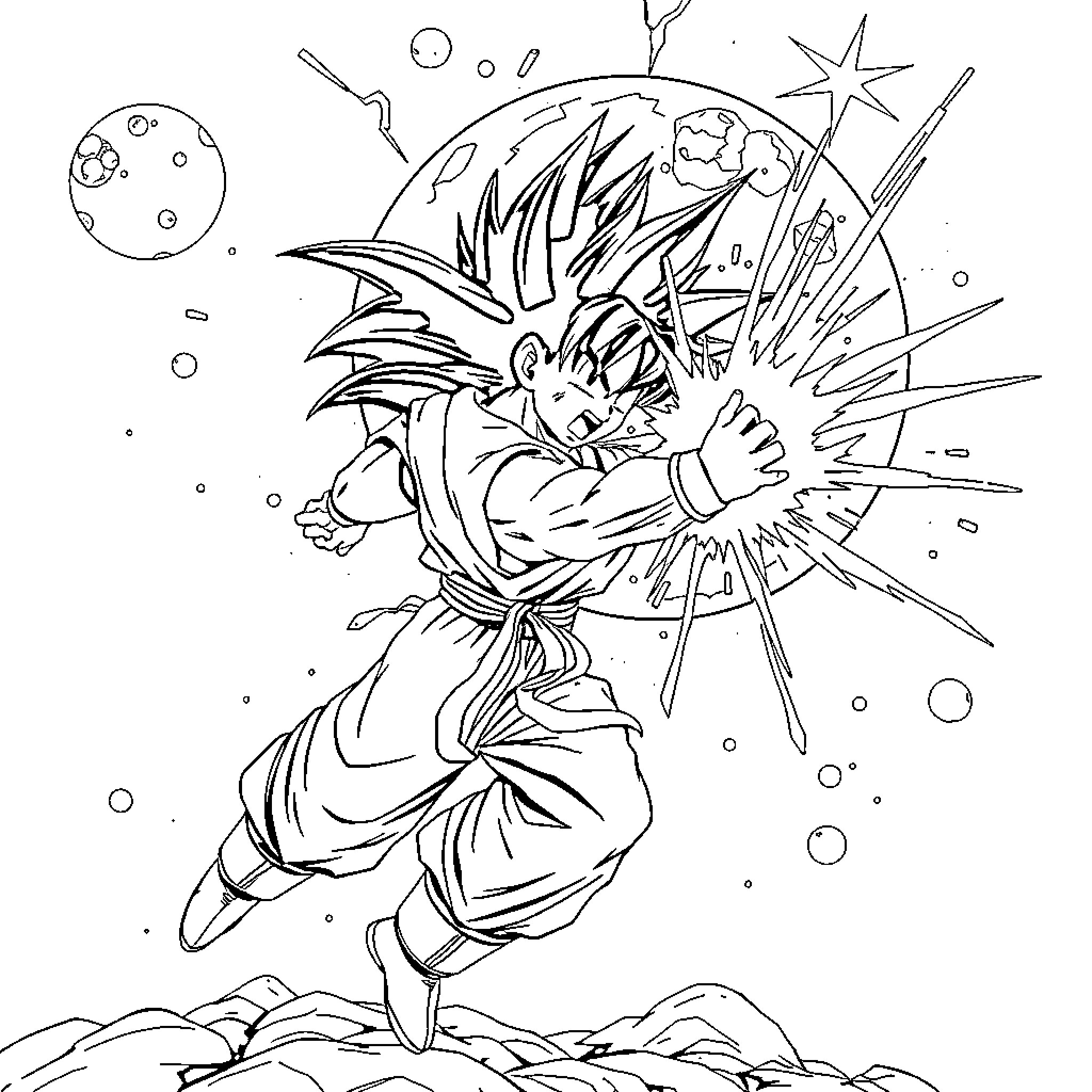 Goku in intense battle stance Coloring Page (free black-and-white line drawing printable PDF for all, from beginners to advanced learners, including children, teens, adults, and seniors)