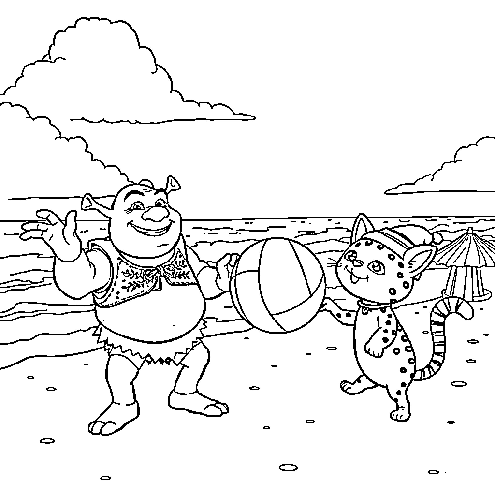 Shrek and Pals Enjoying a Beach Day Coloring Page (free black-and-white line drawing printable PDF for all, from beginners to advanced learners, including children, teens, adults, and seniors)