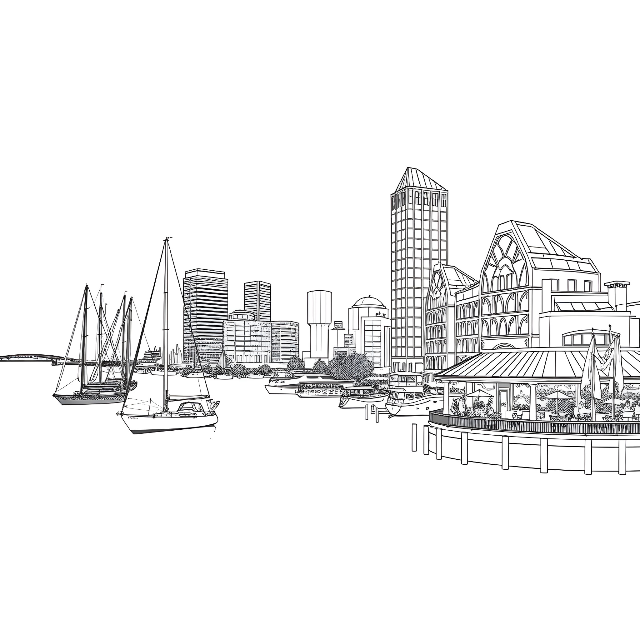 Aquarium with bustling cityscape and sailboats Coloring Page (free black-and-white line drawing printable PDF for all, from beginners to advanced learners, including children, teens, adults, and seniors)