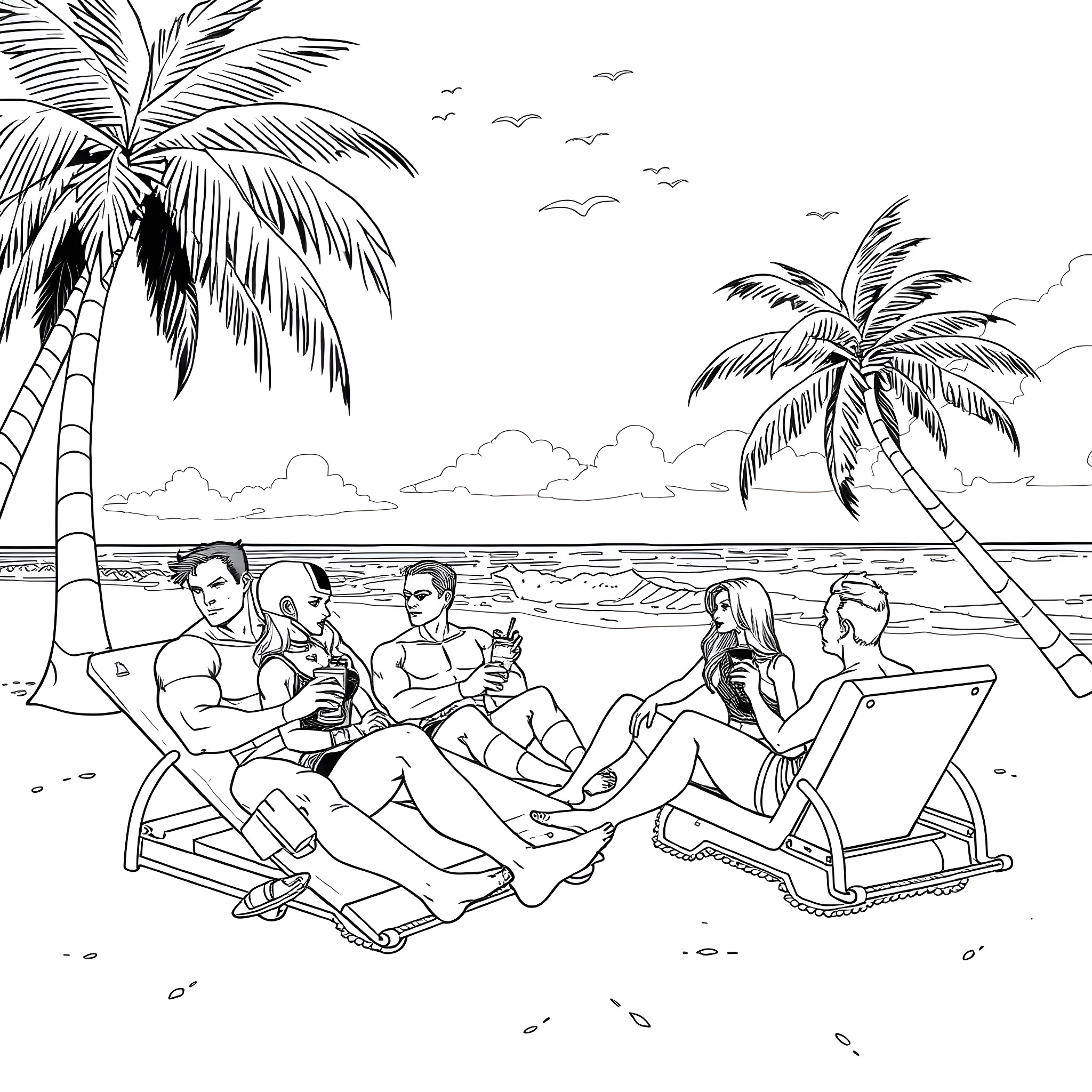 Avengers Enjoying a Tropical Beach Vacation Coloring Page (free black-and-white line drawing printable PDF for all, from beginners to advanced learners, including children, teens, adults, and seniors)