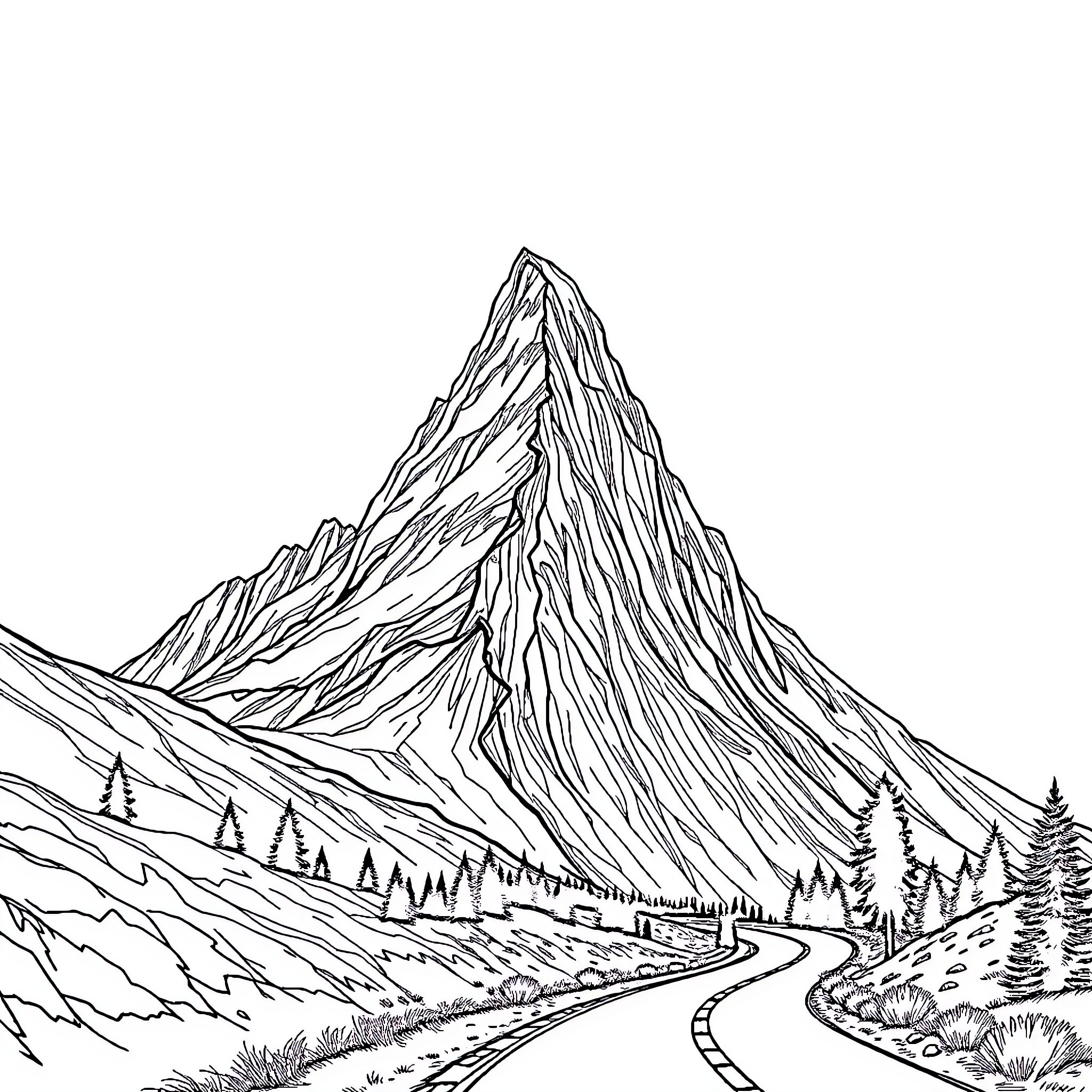Mountain road winding through rugged landscape Coloring Page (free black-and-white line drawing printable PDF for all, from beginners to advanced learners, including children, teens, adults, and seniors)