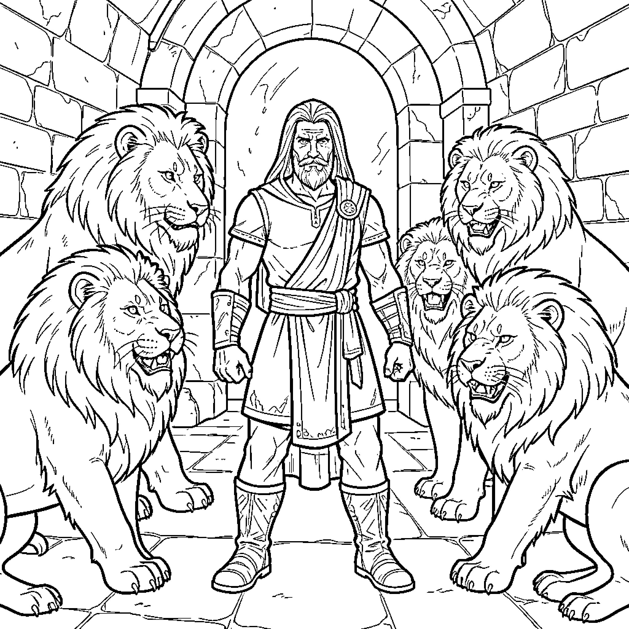 Daniel standing bravely among several large lions Coloring Page (free black-and-white line drawing printable PDF for all, from beginners to advanced learners, including children, teens, adults, and seniors)