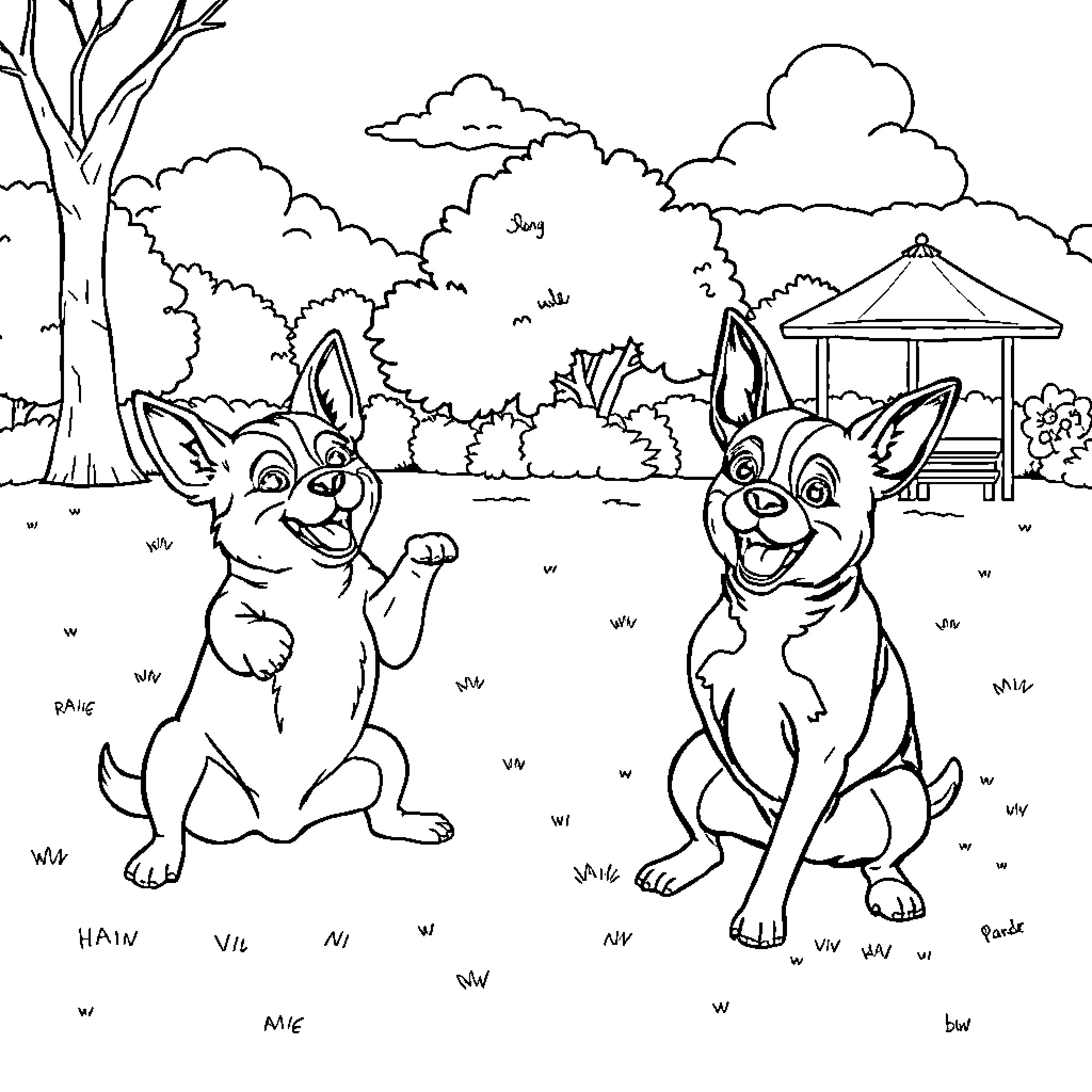 Perrito Playing in the Park with Pavilion Coloring Page (free black-and-white line drawing printable PDF for all, from beginners to advanced learners, including children, teens, adults, and seniors)