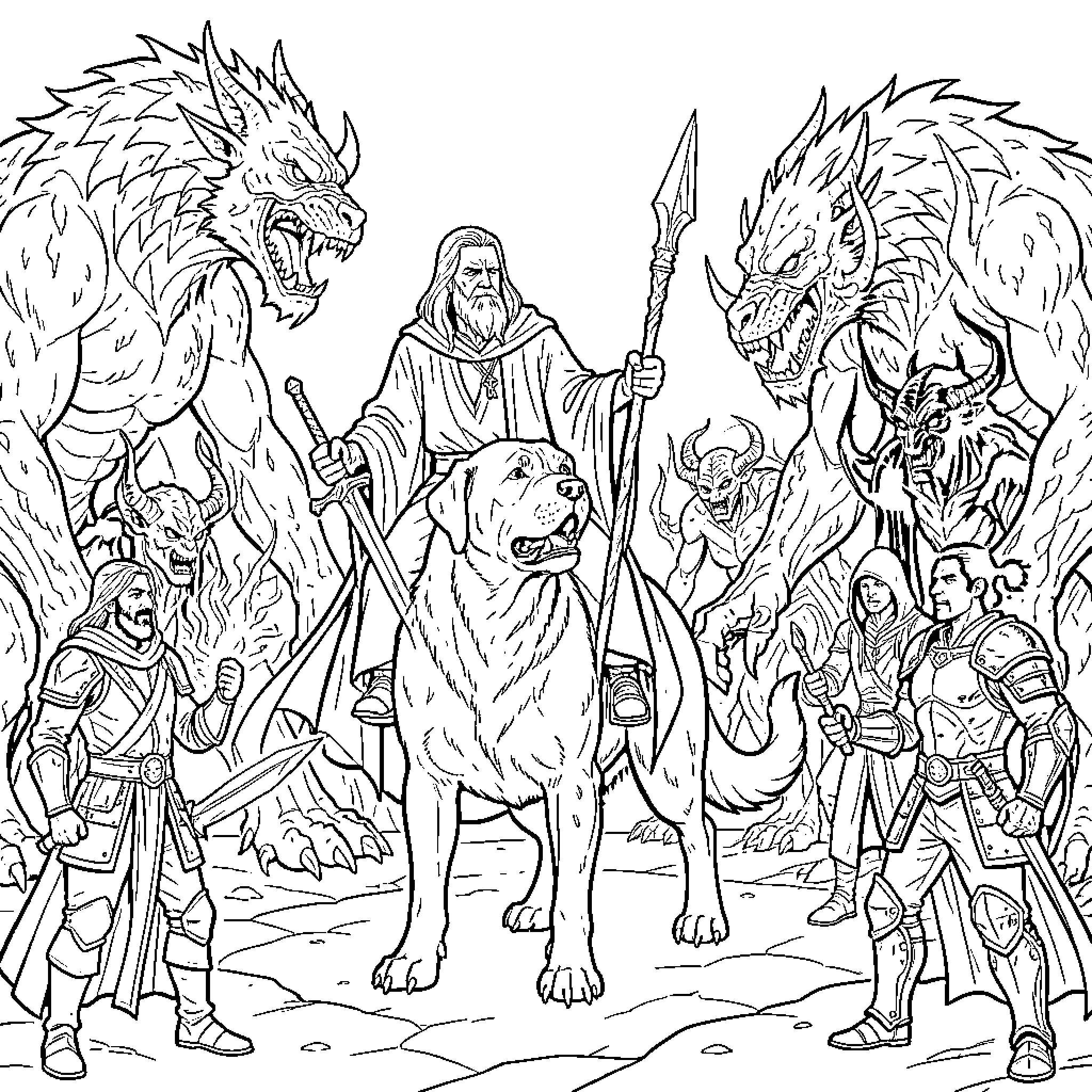 Mage surrounded by fantastical creatures and companions Coloring Page (free black-and-white line drawing printable PDF for all, from beginners to advanced learners, including children, teens, adults, and seniors)