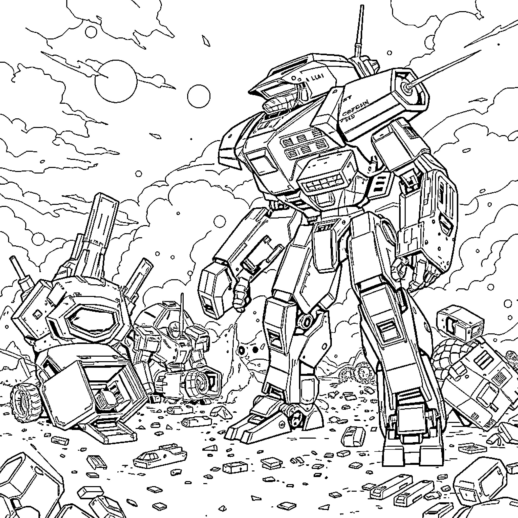 Mechwarrior battling in a futuristic landscape Coloring Page (free black-and-white line drawing printable PDF for all, from beginners to advanced learners, including children, teens, adults, and seniors)