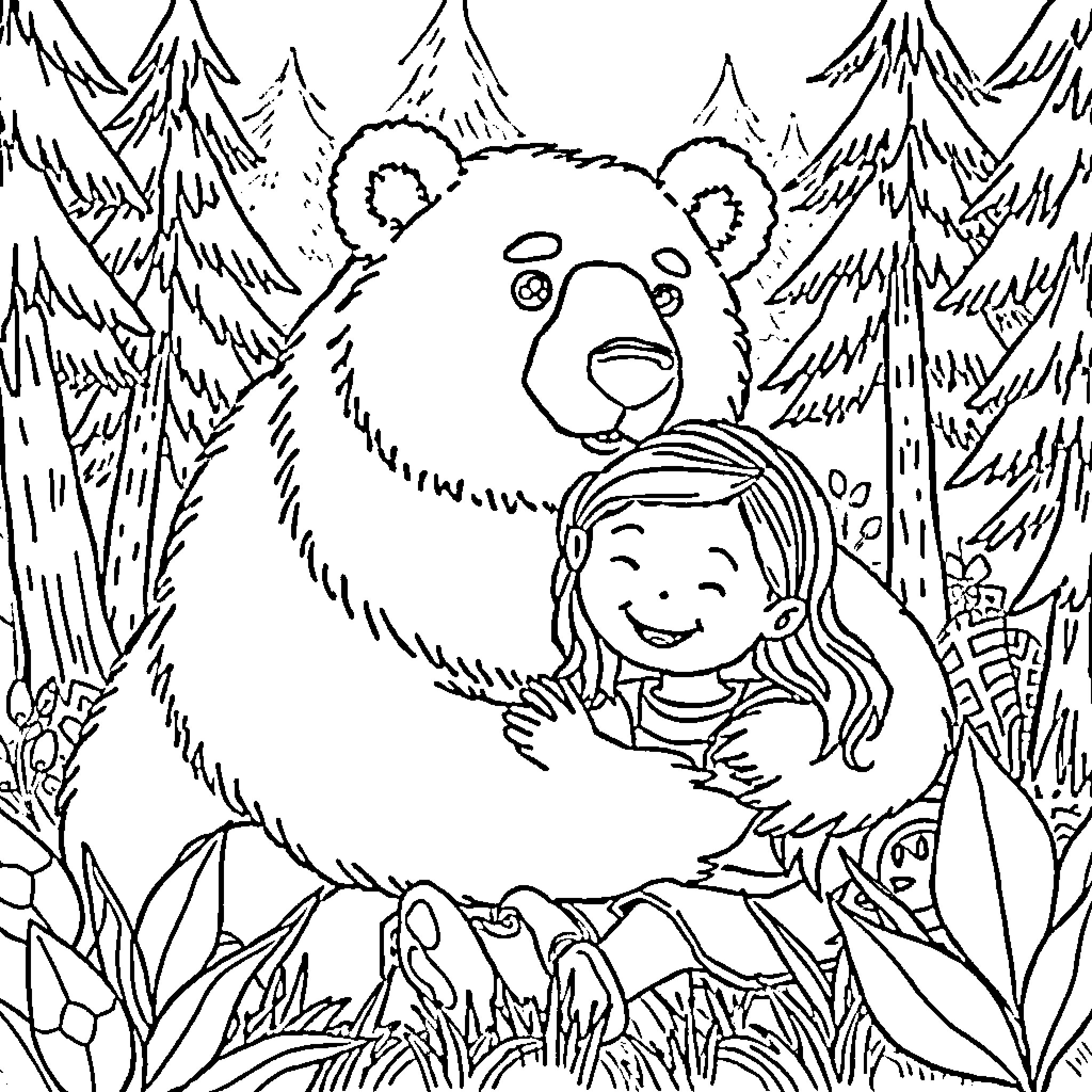 Bear hugging a happy child in the forest Coloring Page (free black-and-white line drawing printable PDF for all, from beginners to advanced learners, including children, teens, adults, and seniors)