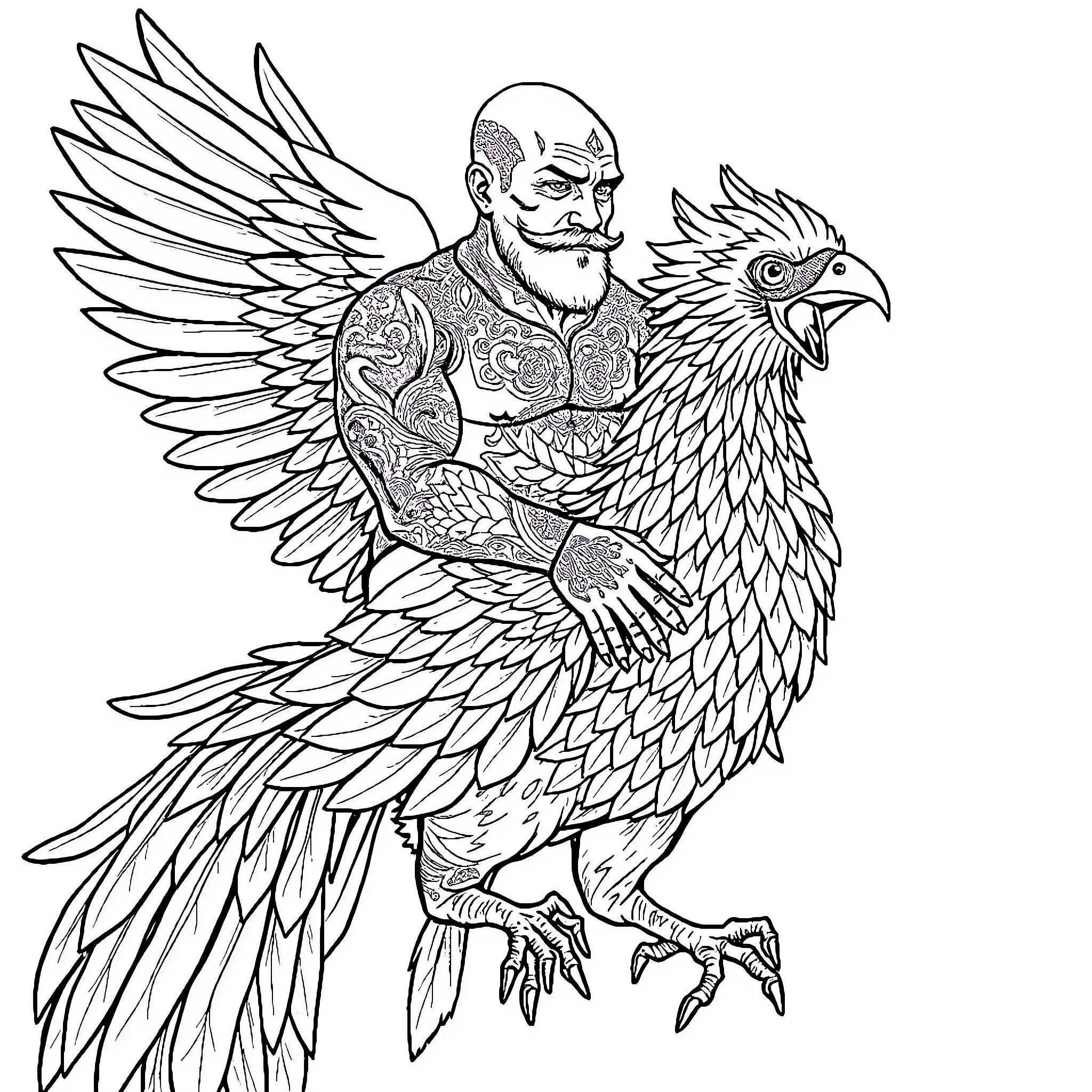 Bald Man with Winged Tattoo on Powerful Bird Coloring Page (free black-and-white line drawing printable PDF for all, from beginners to advanced learners, including children, teens, adults, and seniors)
