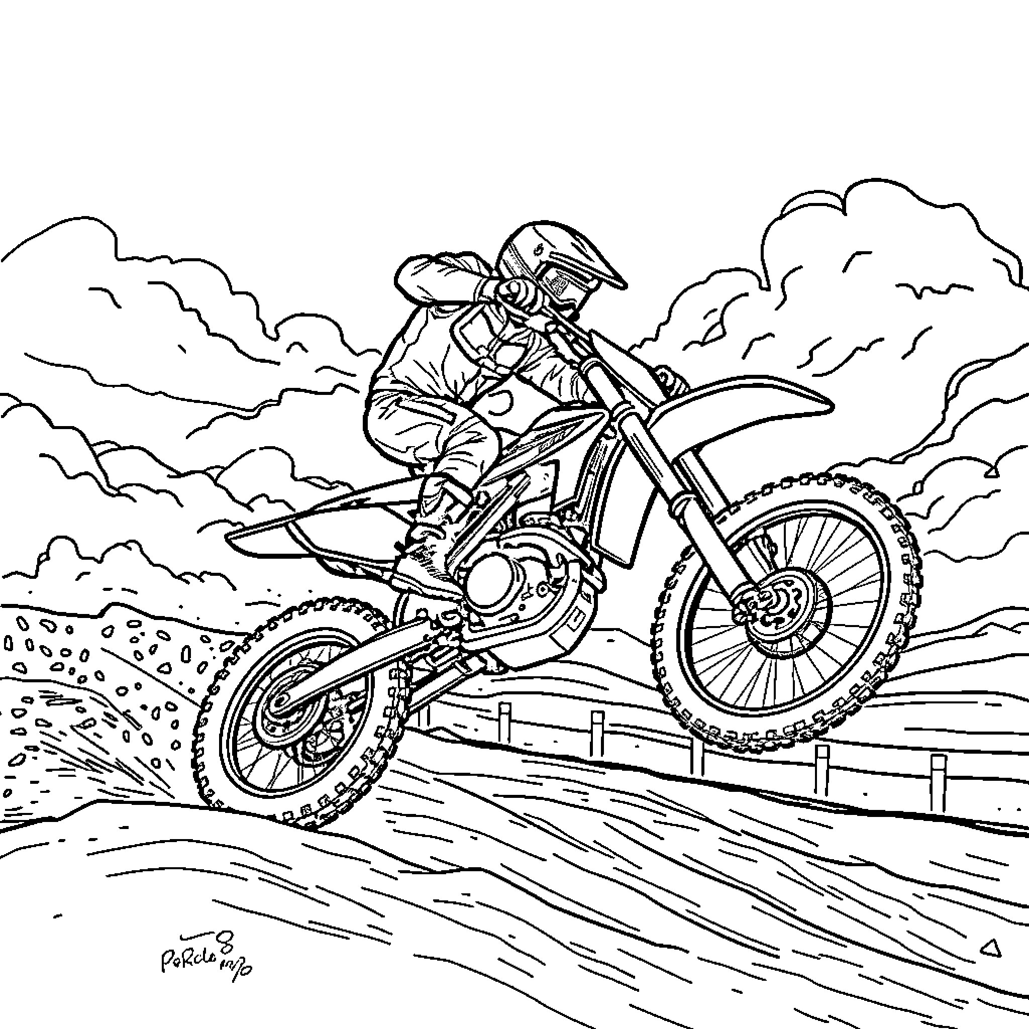 Motocross rider in action on dirt track Coloring Page (free black-and-white line drawing printable PDF for all, from beginners to advanced learners, including children, teens, adults, and seniors)