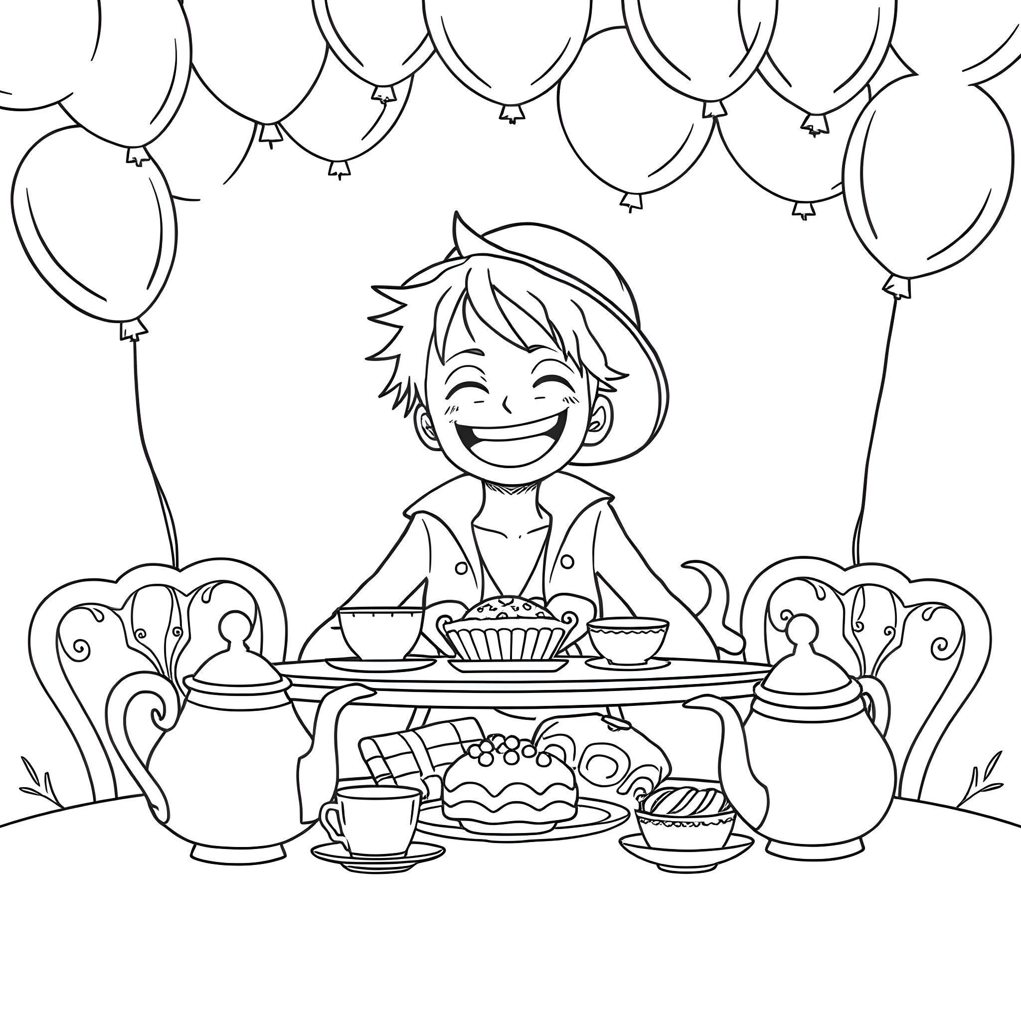 Luffy Enjoying a Festive Tea Party Coloring Page (free black-and-white line drawing printable PDF for all, from beginners to advanced learners, including children, teens, adults, and seniors)