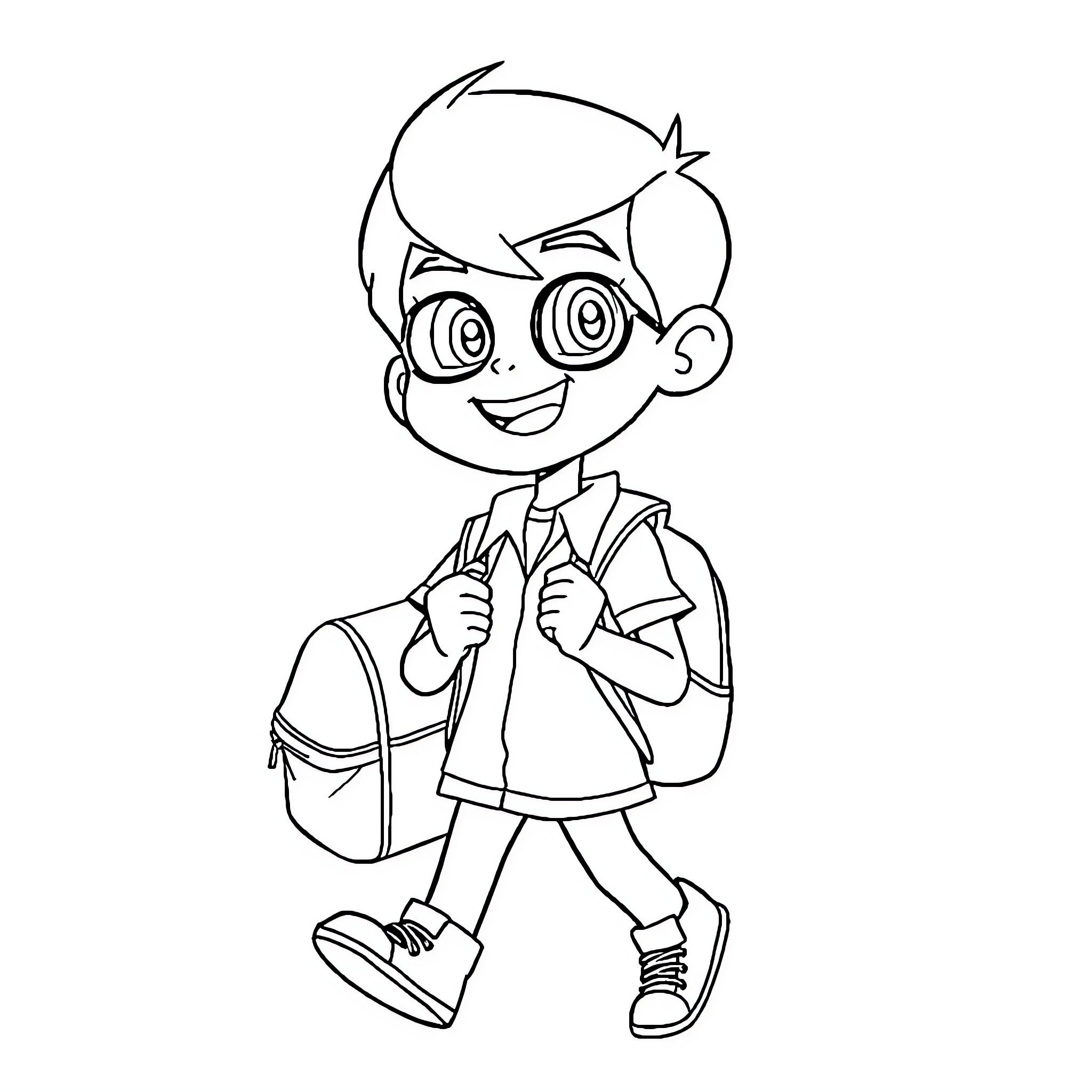 Ben 10 character in school uniform with backpack Coloring Page (free black-and-white line drawing printable PDF for all, from beginners to advanced learners, including children, teens, adults, and seniors)