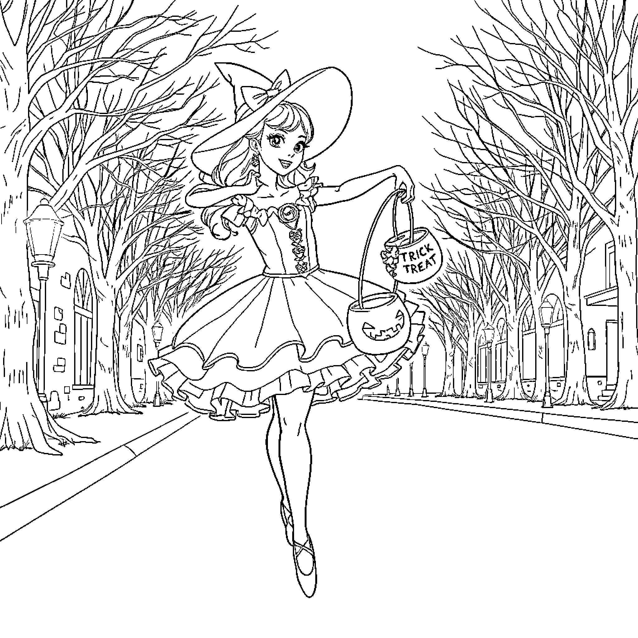 Ballerina dancing in Halloween costume on city street Coloring Page (free black-and-white line drawing printable PDF for all, from beginners to advanced learners, including children, teens, adults, and seniors)