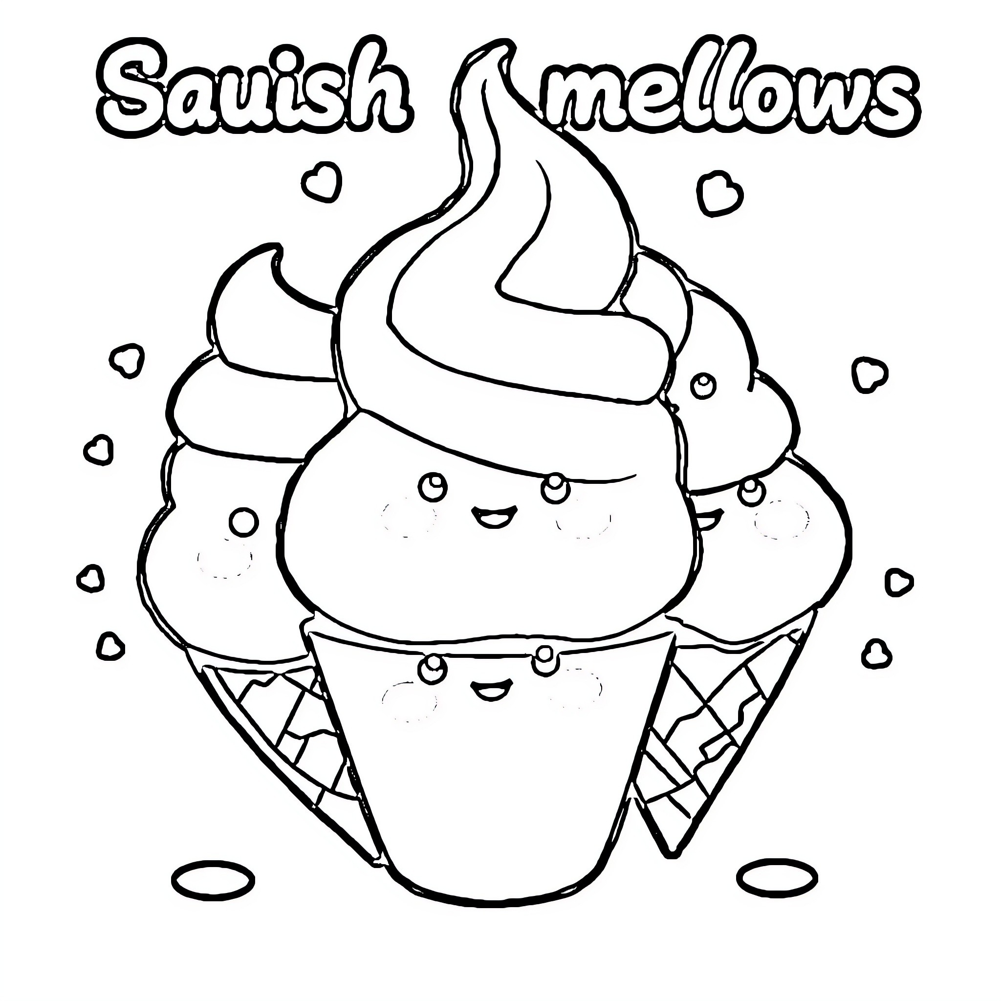 Ice Cream Squishy Mallows Coloring Page (free black-and-white line drawing printable PDF for all, from beginners to advanced learners, including children, teens, adults, and seniors)