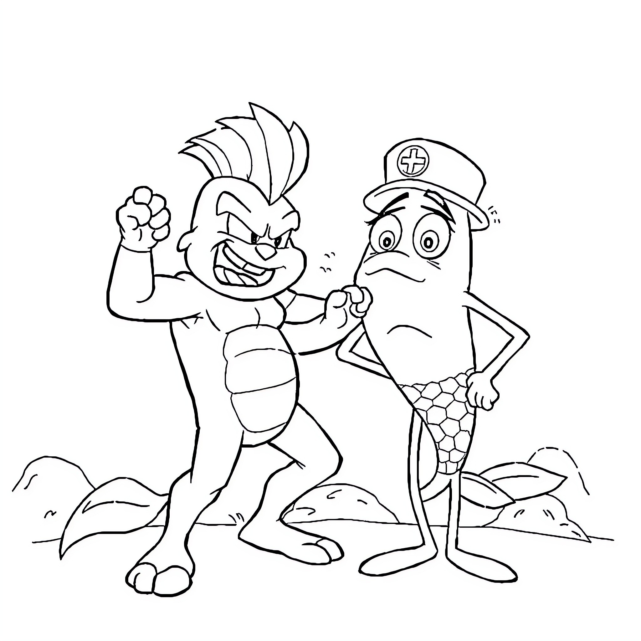 El Chapulín and Tecolote in Action Coloring Page (free black-and-white line drawing printable PDF for all, from beginners to advanced learners, including children, teens, adults, and seniors)