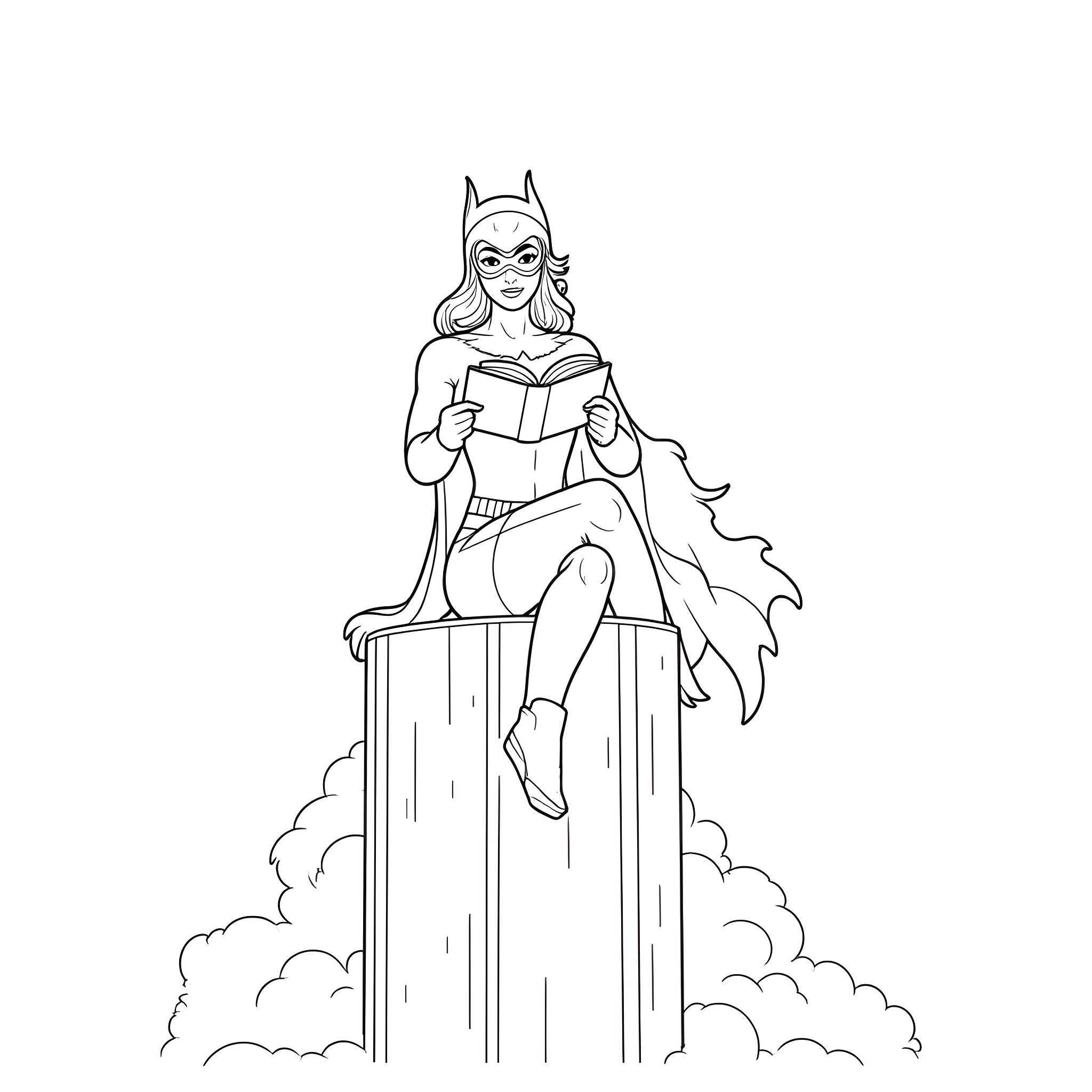 Batwoman reading a book on a cloud Coloring Page (free black-and-white line drawing printable PDF for all, from beginners to advanced learners, including children, teens, adults, and seniors)