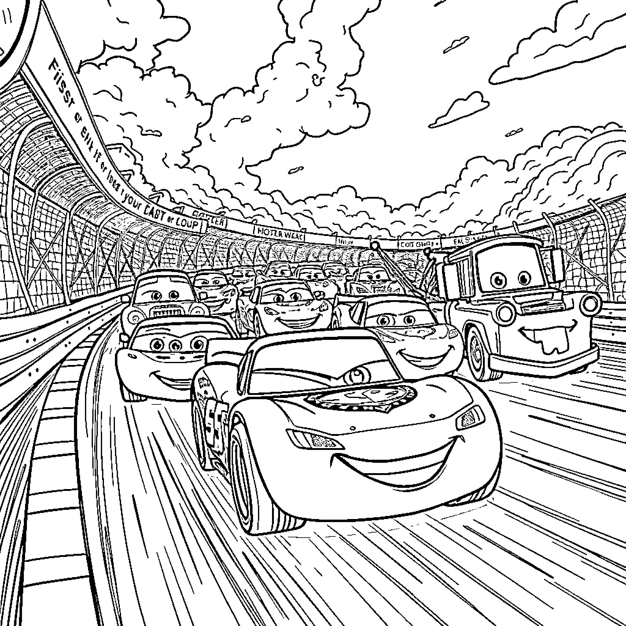 Car Race on Busy City Track Coloring Page (free black-and-white line drawing printable PDF for all, from beginners to advanced learners, including children, teens, adults, and seniors)