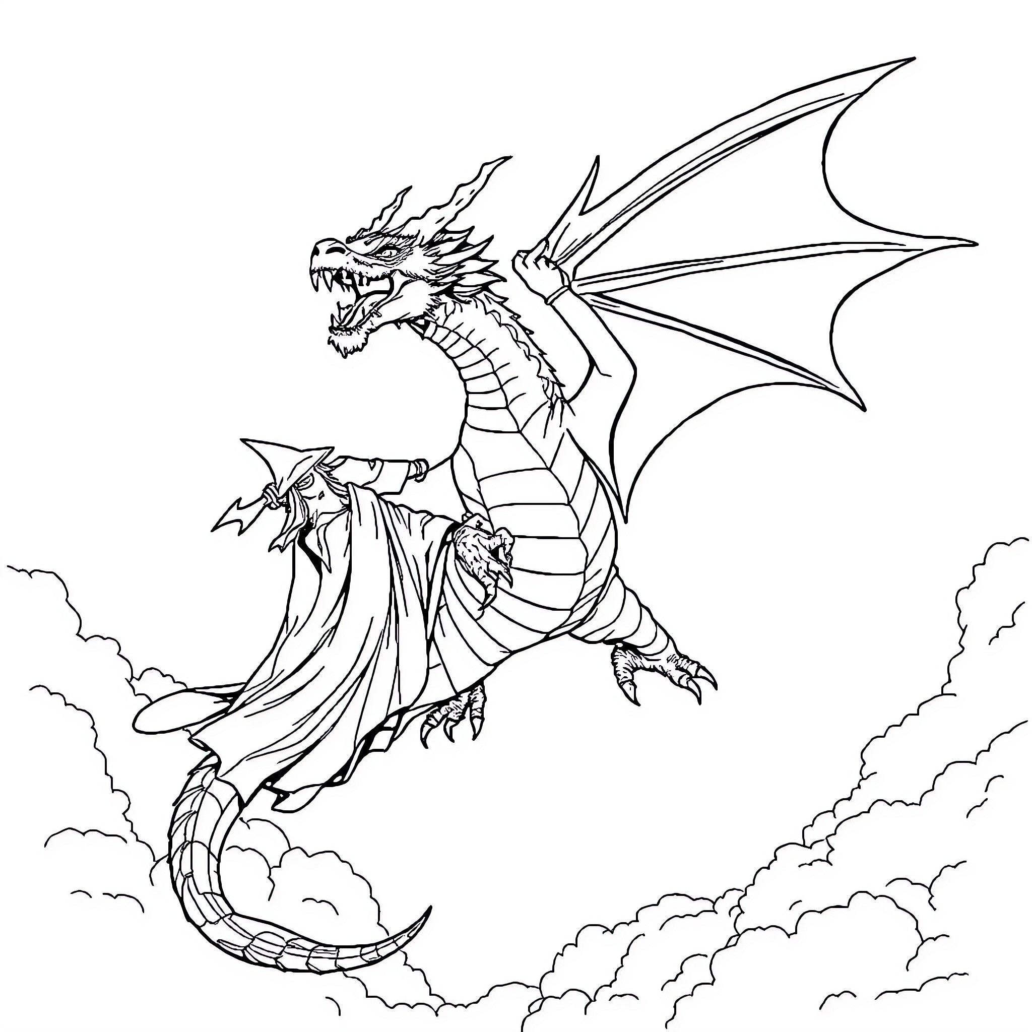 Dragon soaring majestically in the clouds Coloring Page (free black-and-white line drawing printable PDF for all, from beginners to advanced learners, including children, teens, adults, and seniors)