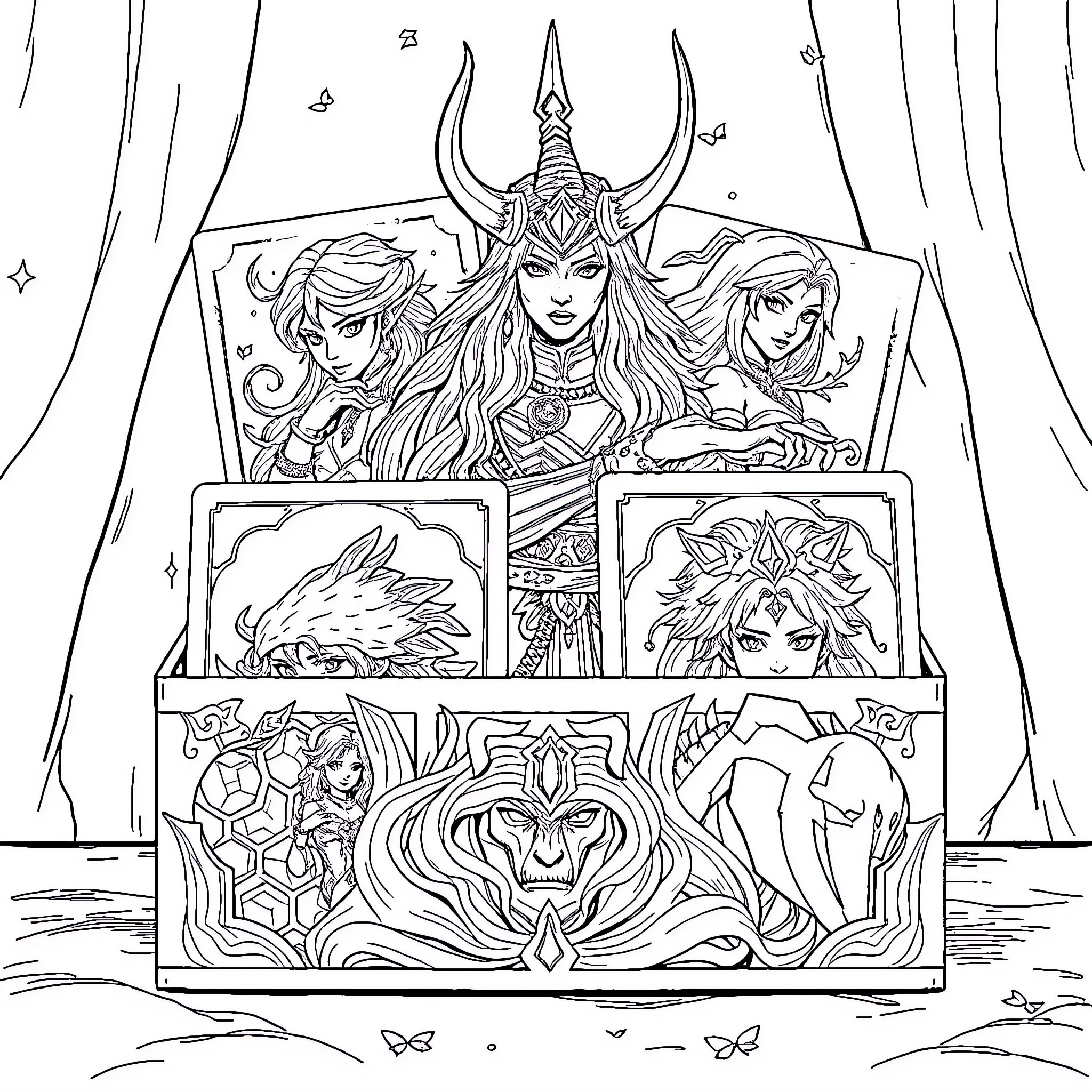 Lorcana: Mythical Characters and Enchanted Artwork Coloring Page (free black-and-white line drawing printable PDF for all, from beginners to advanced learners, including children, teens, adults, and seniors)